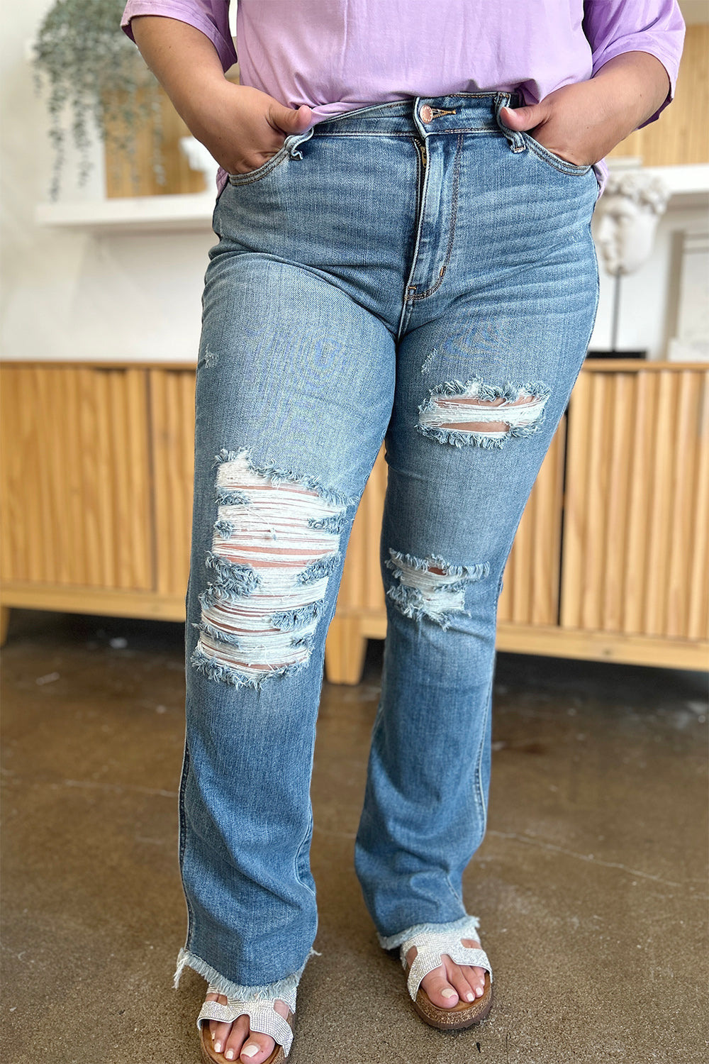 Judy Blue Full Size Distressed Raw Hem Bootcut Jeans-BOTTOM SIZES SMALL MEDIUM LARGE-[Adult]-[Female]-2022 Online Blue Zone Planet