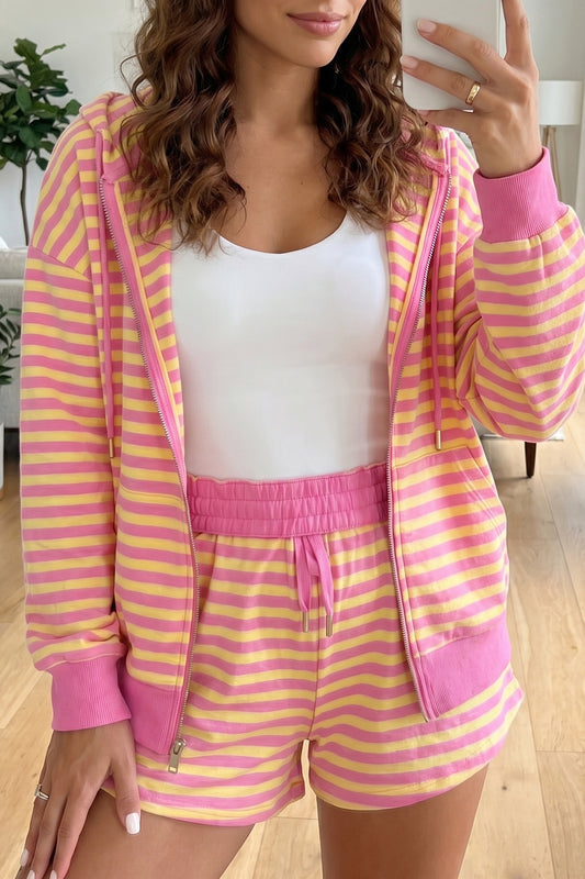 Rose Red Striped Long Sleeve Zip-Up Hoodie Drawstring Elastic Waist 2pcs Short Set-Two Piece Sets/Short Sets-[Adult]-[Female]-Rose Red-S-2022 Online Blue Zone Planet