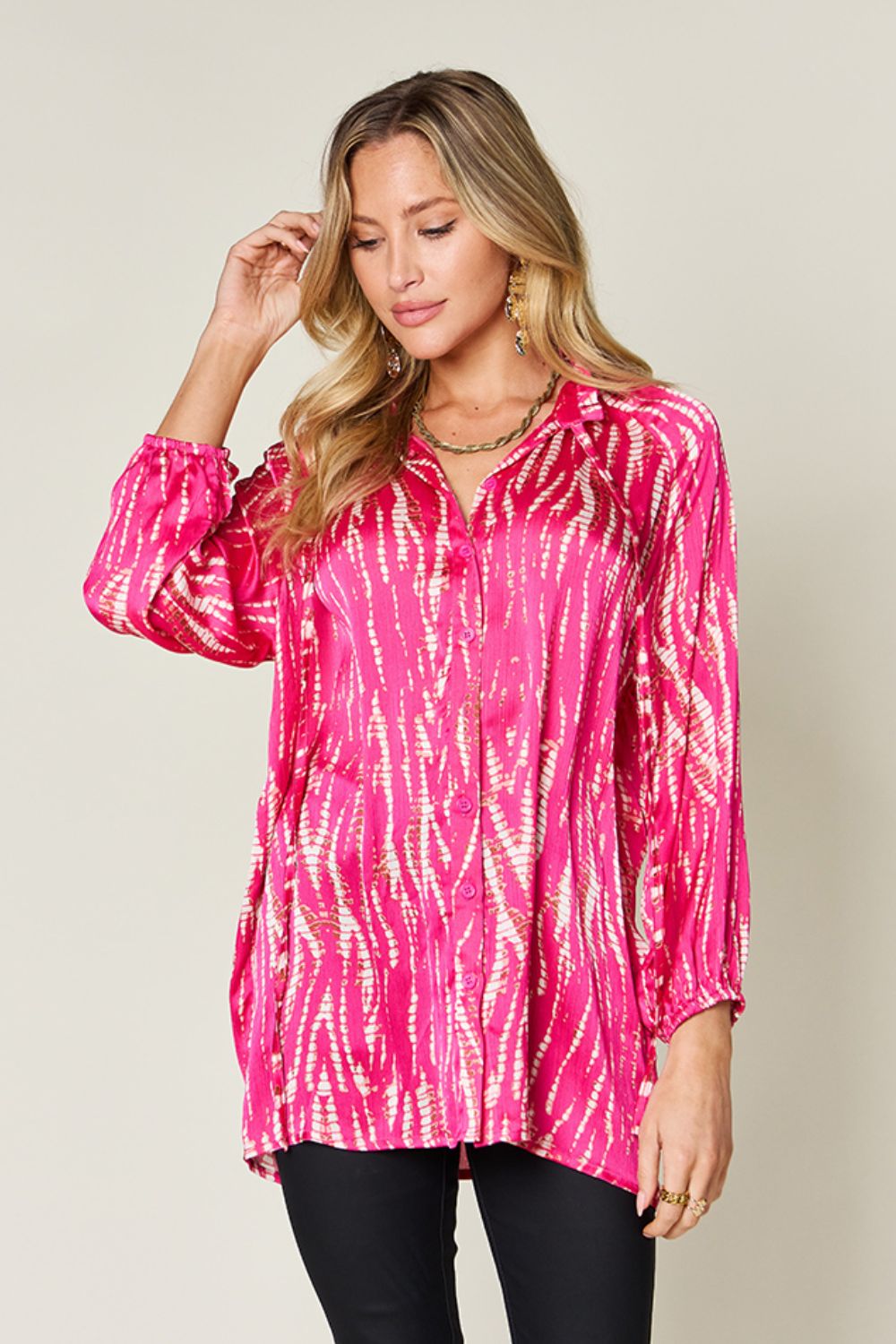 Double Take Full Size Printed Button Up Long Sleeve Shirt-TOPS / DRESSES-[Adult]-[Female]-Hot Pink-S-2022 Online Blue Zone Planet