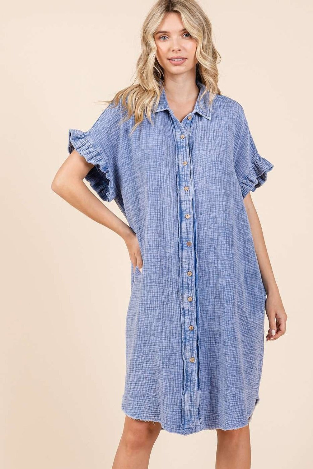 Blue Zone Planet | Mittoshop Mineral Wash Cotton Gauze Mini Shirt Dress-TOPS / DRESSES-[Adult]-[Female]-Blue-S-2022 Online Blue Zone Planet