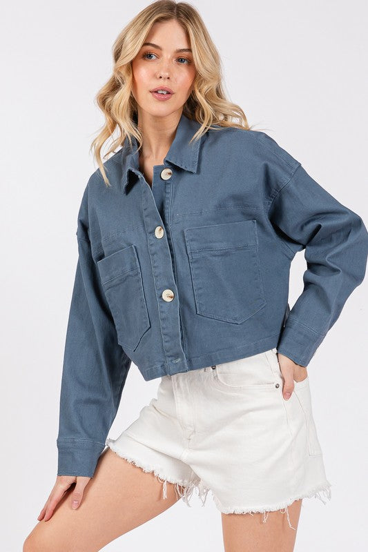 Blue Zone Planet | bytos Button Down Cropped Denim Jacket with Patch Pockets-TOPS / DRESSES-[Adult]-[Female]-French Blue-S-2022 Online Blue Zone Planet