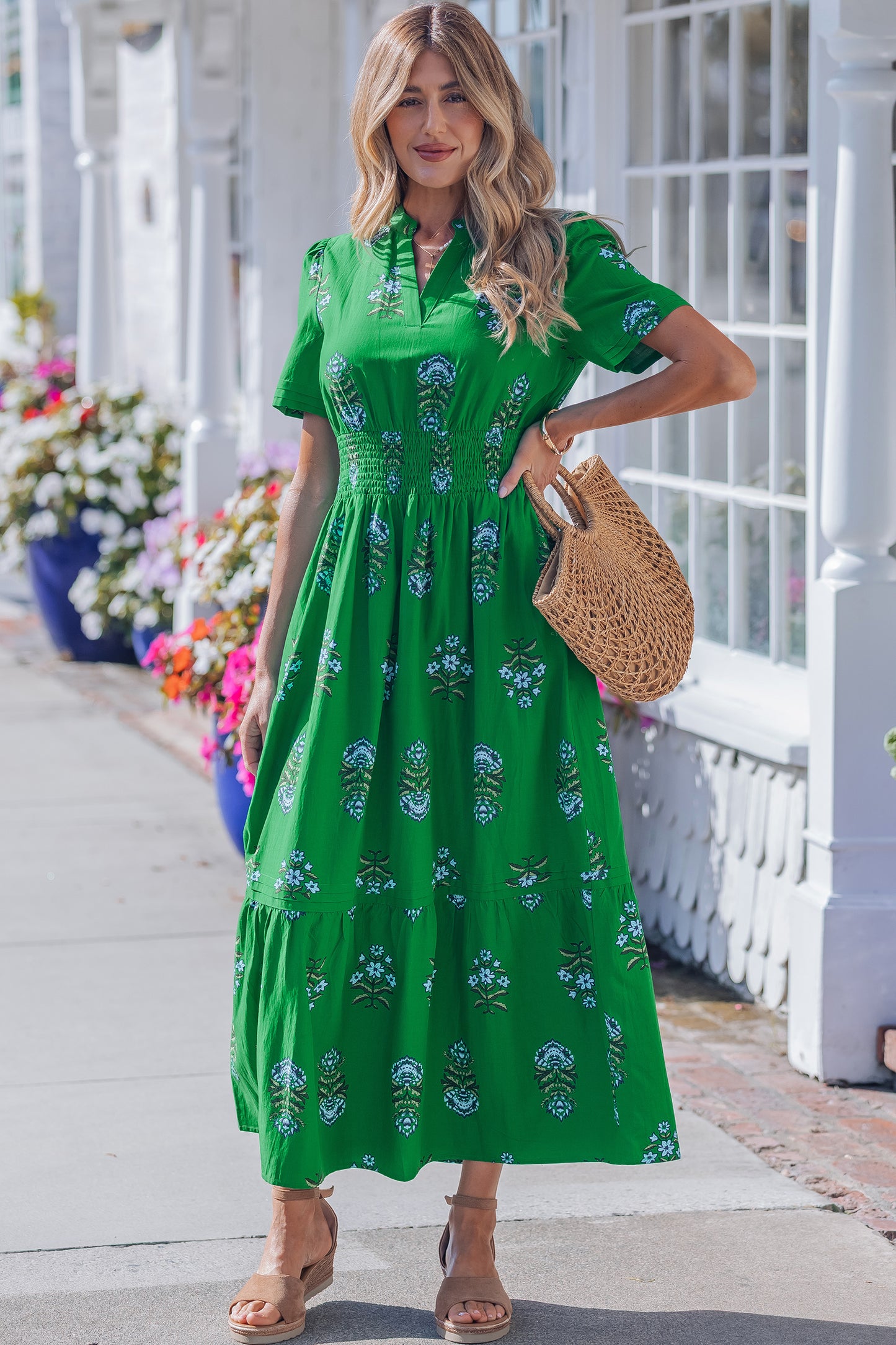 Green Floral Print Split Neck Shirred High Waist Ruffle Hem Maxi Dress-TOPS / DRESSES-[Adult]-[Female]-2022 Online Blue Zone Planet