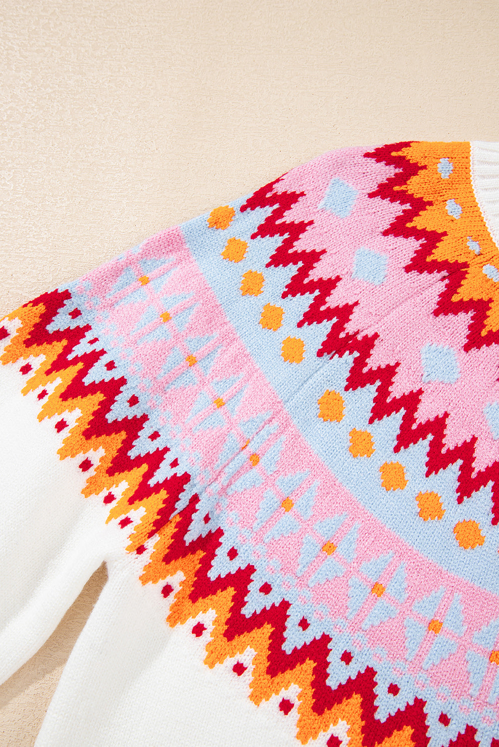 White Ethnic Geometric Colorblock Print Drop Shoulder Sweater-Sweaters & Cardigans/Sweaters-[Adult]-[Female]-2022 Online Blue Zone Planet