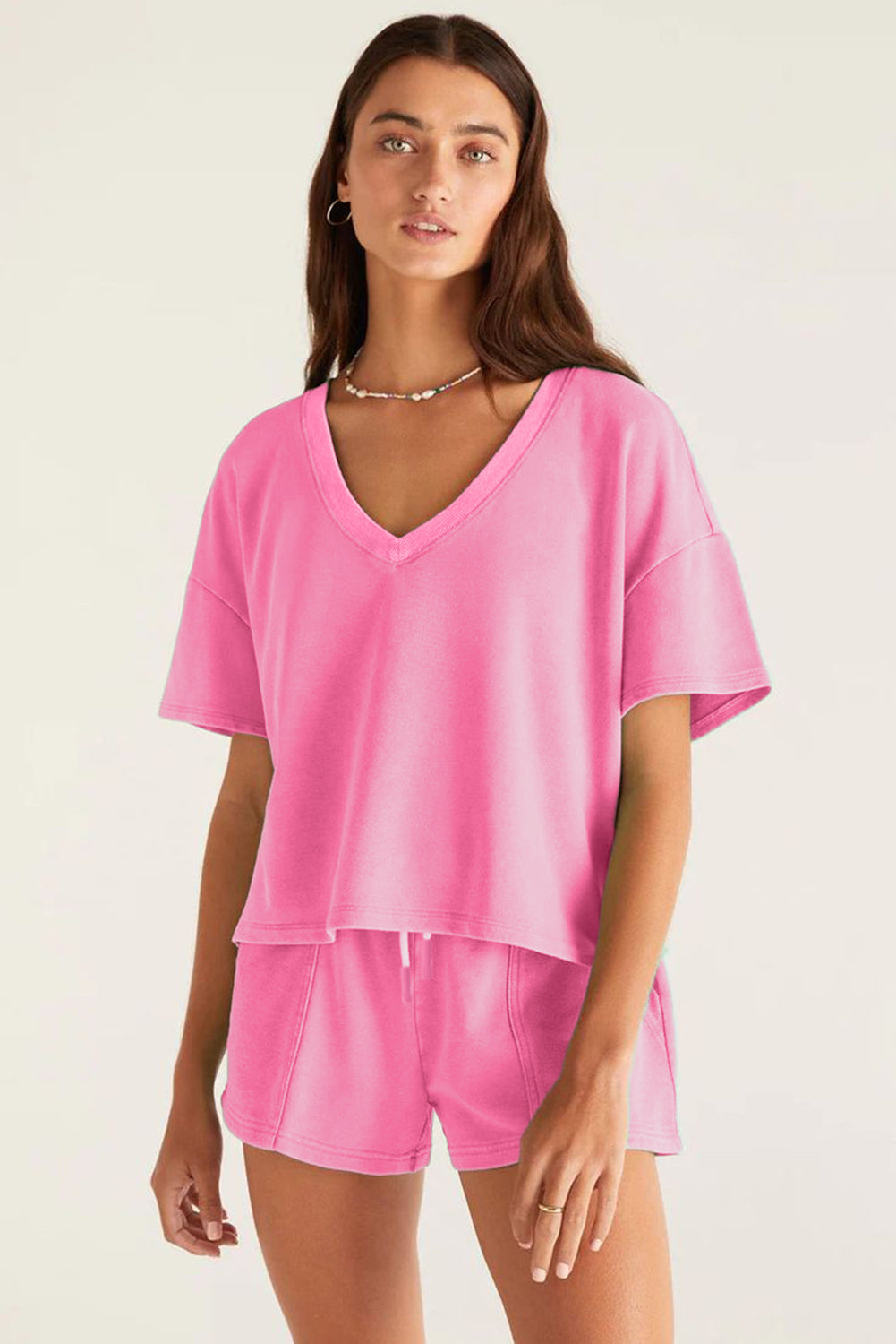 Myosotis V Neck Drop Shoulder Tee And Patchwork Drawstring Shorts Set-Two Piece Sets/Short Sets-[Adult]-[Female]-2022 Online Blue Zone Planet