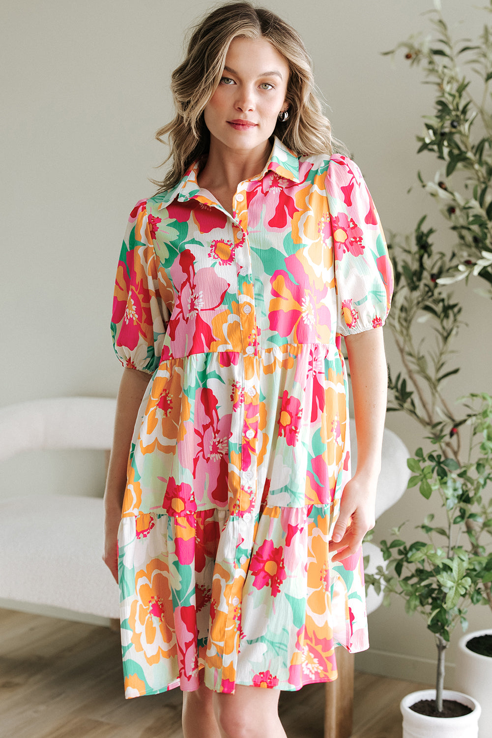 Blue Zone Planet | Green Floral Puff Sleeve Collar Buttoned Babydoll Dress-TOPS / DRESSES-[Adult]-[Female]-2022 Online Blue Zone Planet