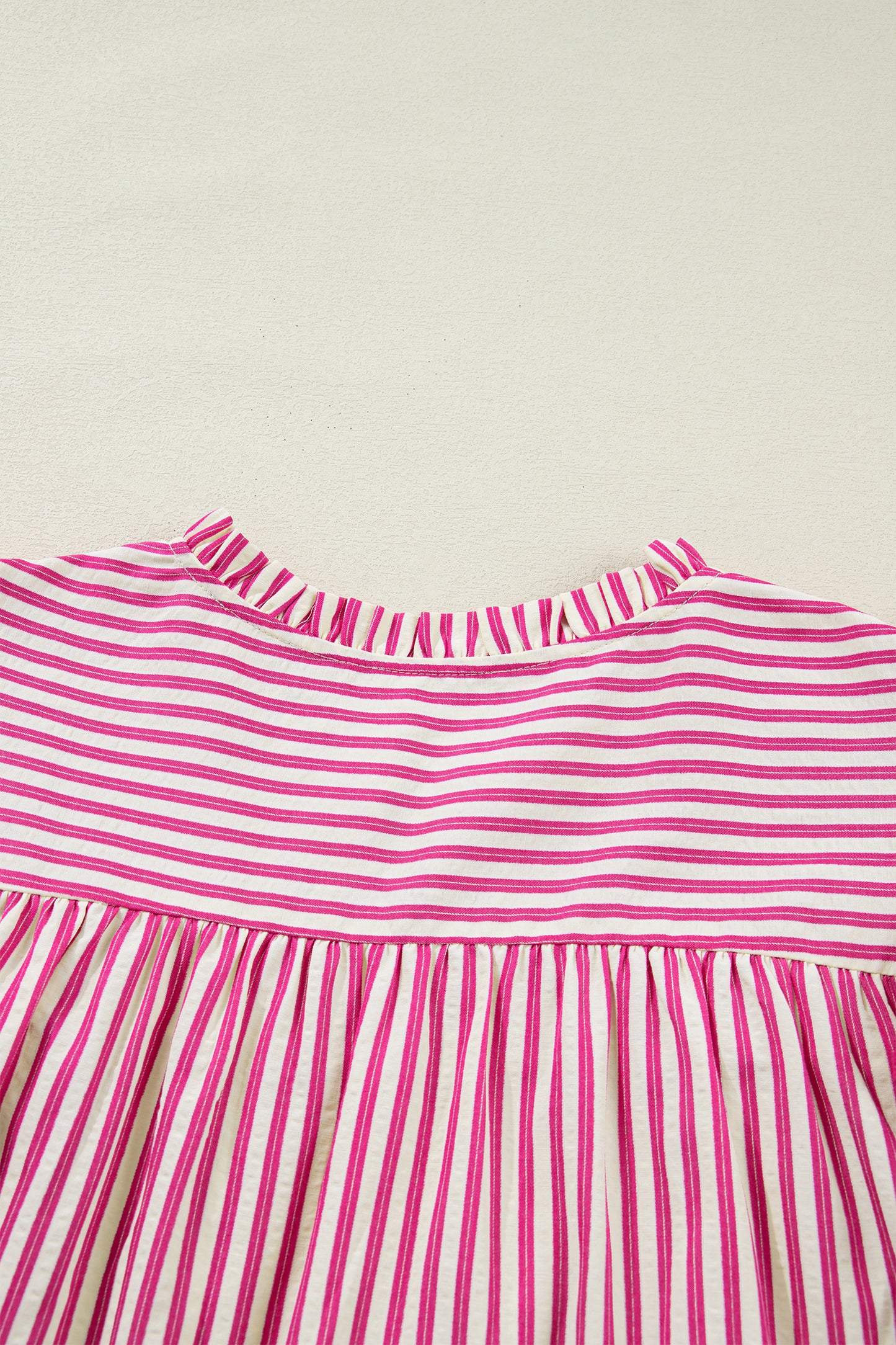 Rose Stripe Shirred Yoke Ruffled Short Sleeve Blouse-Tops/Blouses & Shirts-[Adult]-[Female]-2022 Online Blue Zone Planet