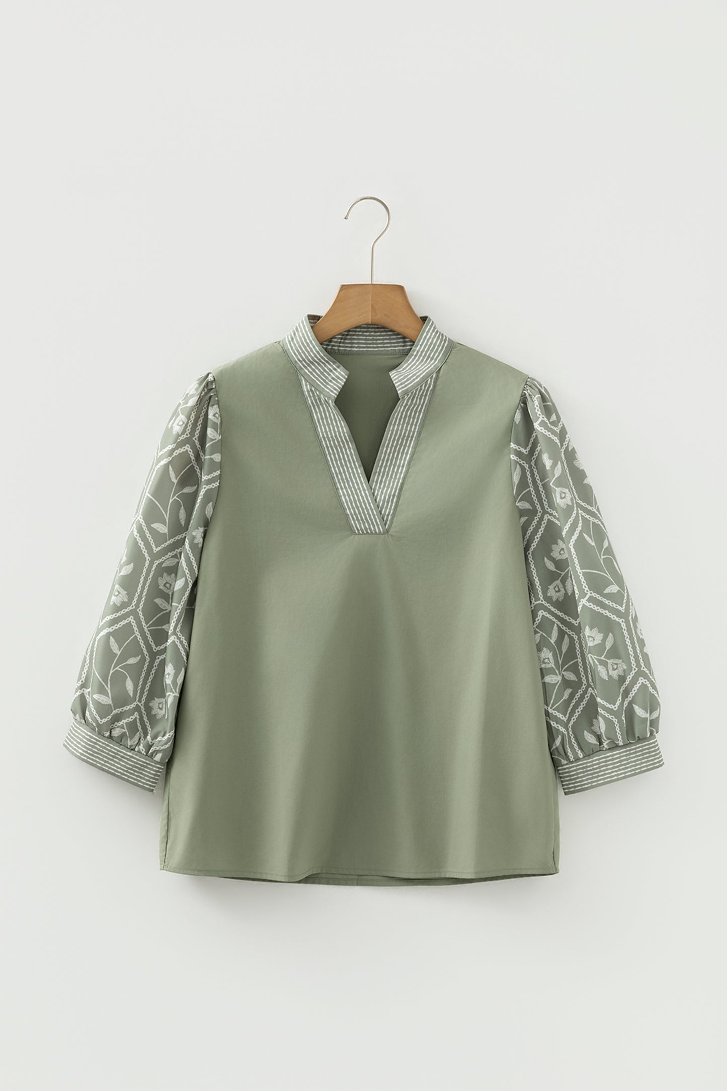 Grass Green Floral Puff Sleeve Contrast V Neck Patchwork Blouse-Tops/Blouses & Shirts-[Adult]-[Female]-2022 Online Blue Zone Planet