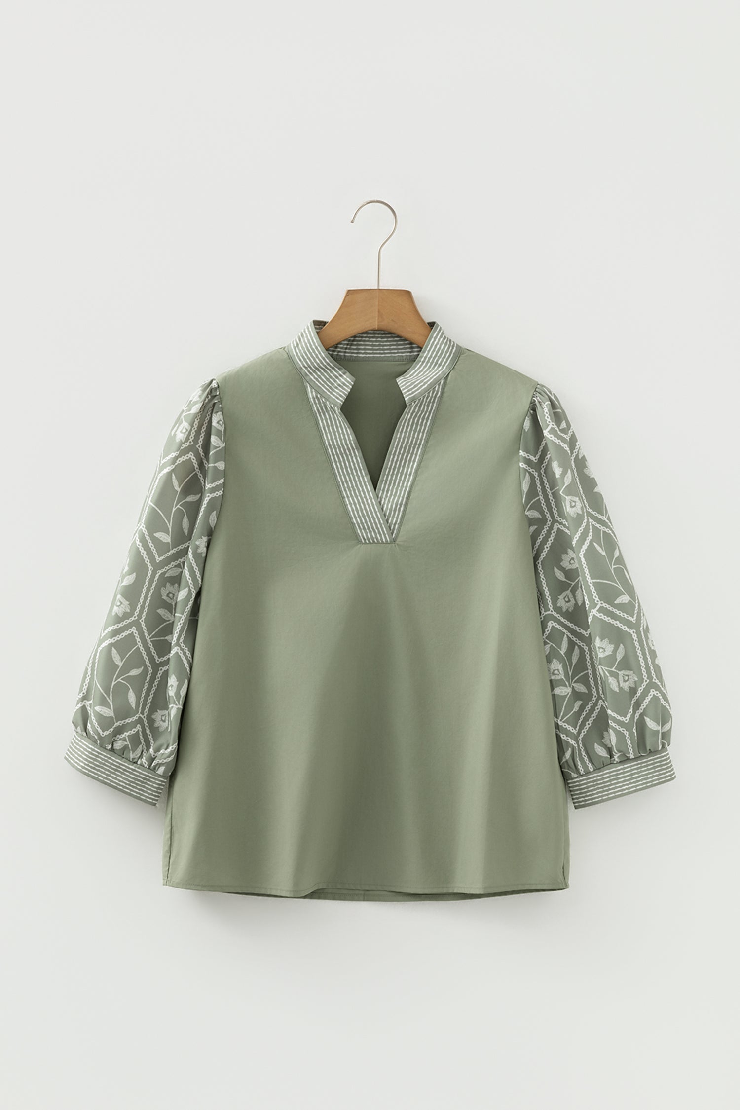 Grass Green Floral Puff Sleeve Contrast V Neck Patchwork Blouse-Tops/Blouses & Shirts-[Adult]-[Female]-2022 Online Blue Zone Planet