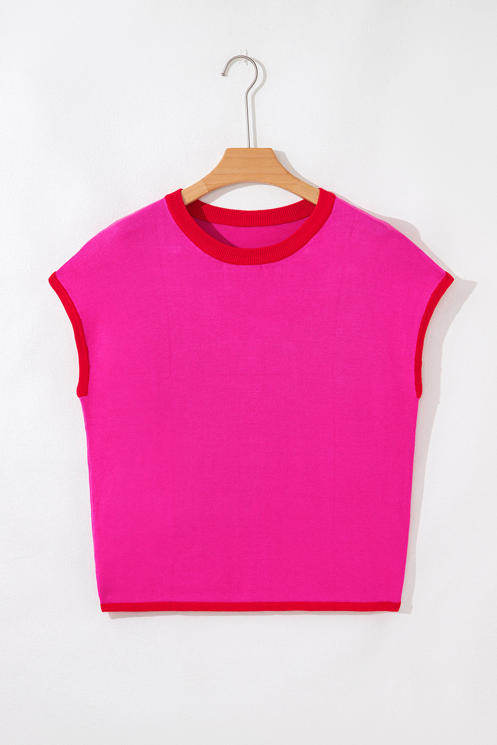 Rose Red Contrast Trim Round Neck Short Sleeve Loose Knit Sweater-TOPS / DRESSES-[Adult]-[Female]-2022 Online Blue Zone Planet