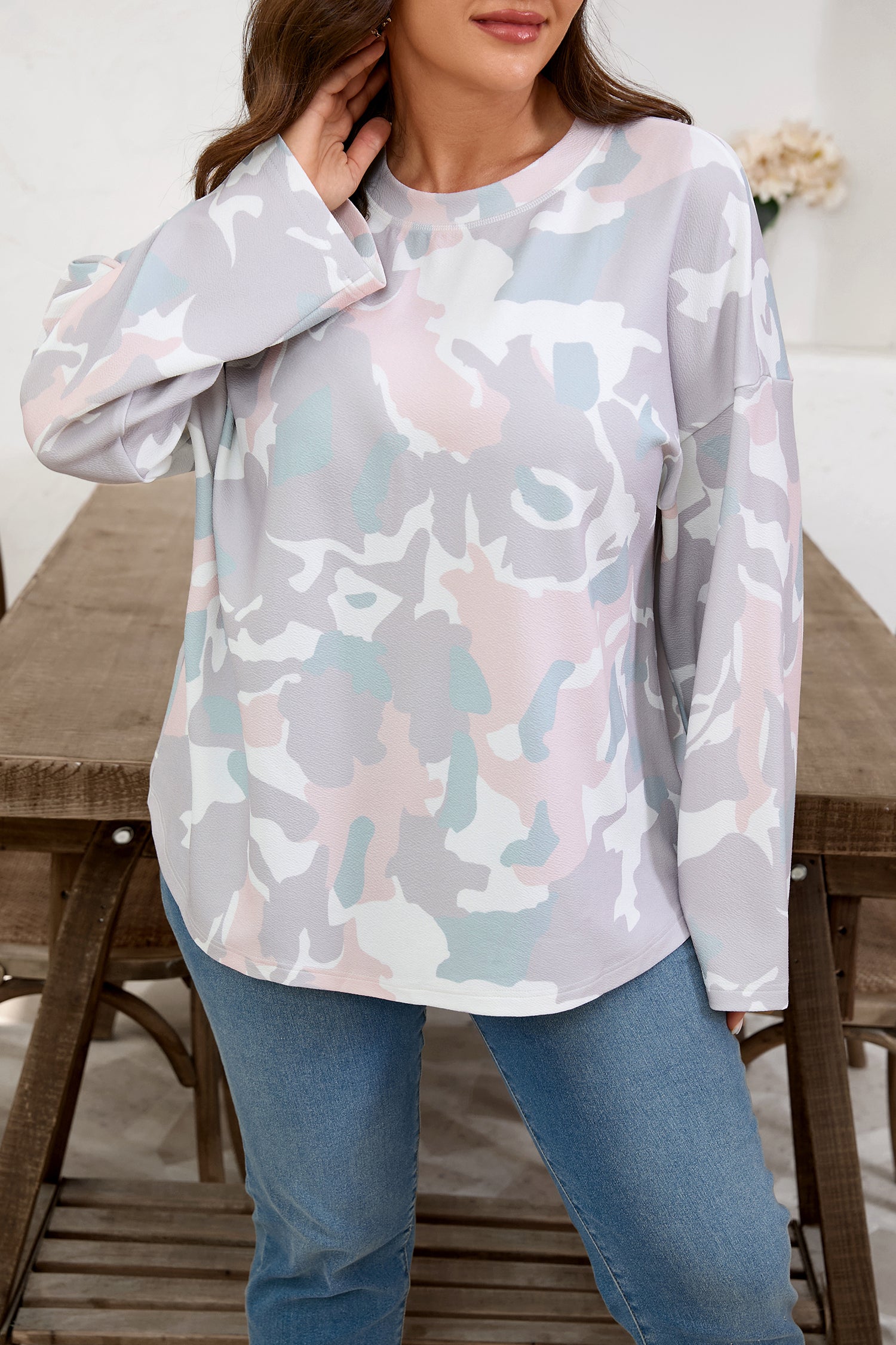 Green Plus Size Camouflage Print Drop Shoulder Loose Pullover Top-Plus Size/Plus Size Tops/Plus Size Long Sleeve Tops-[Adult]-[Female]-2022 Online Blue Zone Planet