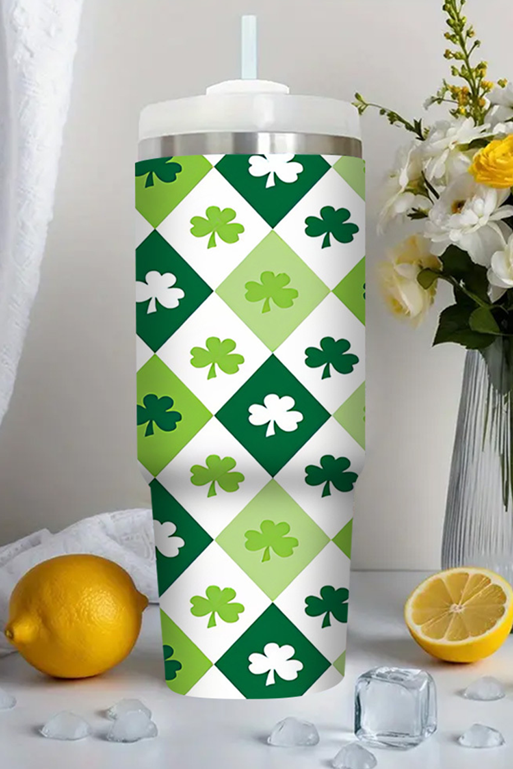 Green St Patricks Day Checkered Clover Tumbler Cup-Cups-[Adult]-[Female]-Green-ONE SIZE-2022 Online Blue Zone Planet