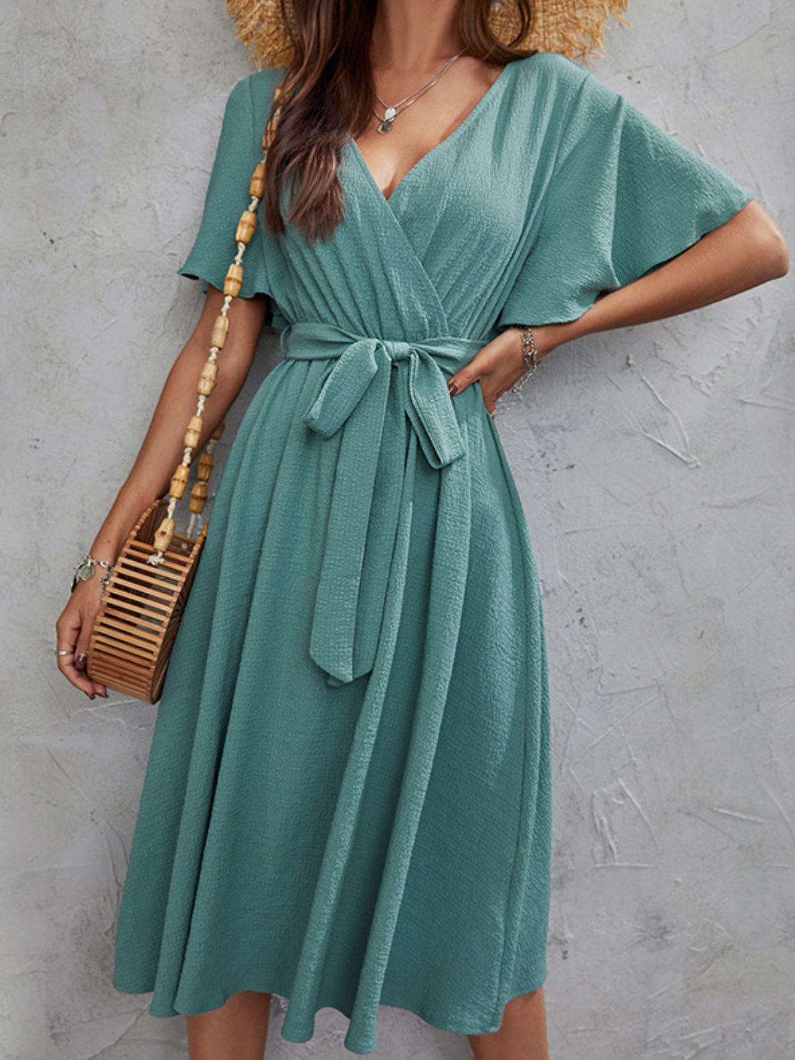 Surplice Flutter Sleeve Midi Dress-TOPS / DRESSES-[Adult]-[Female]-Turquoise-XS-2022 Online Blue Zone Planet