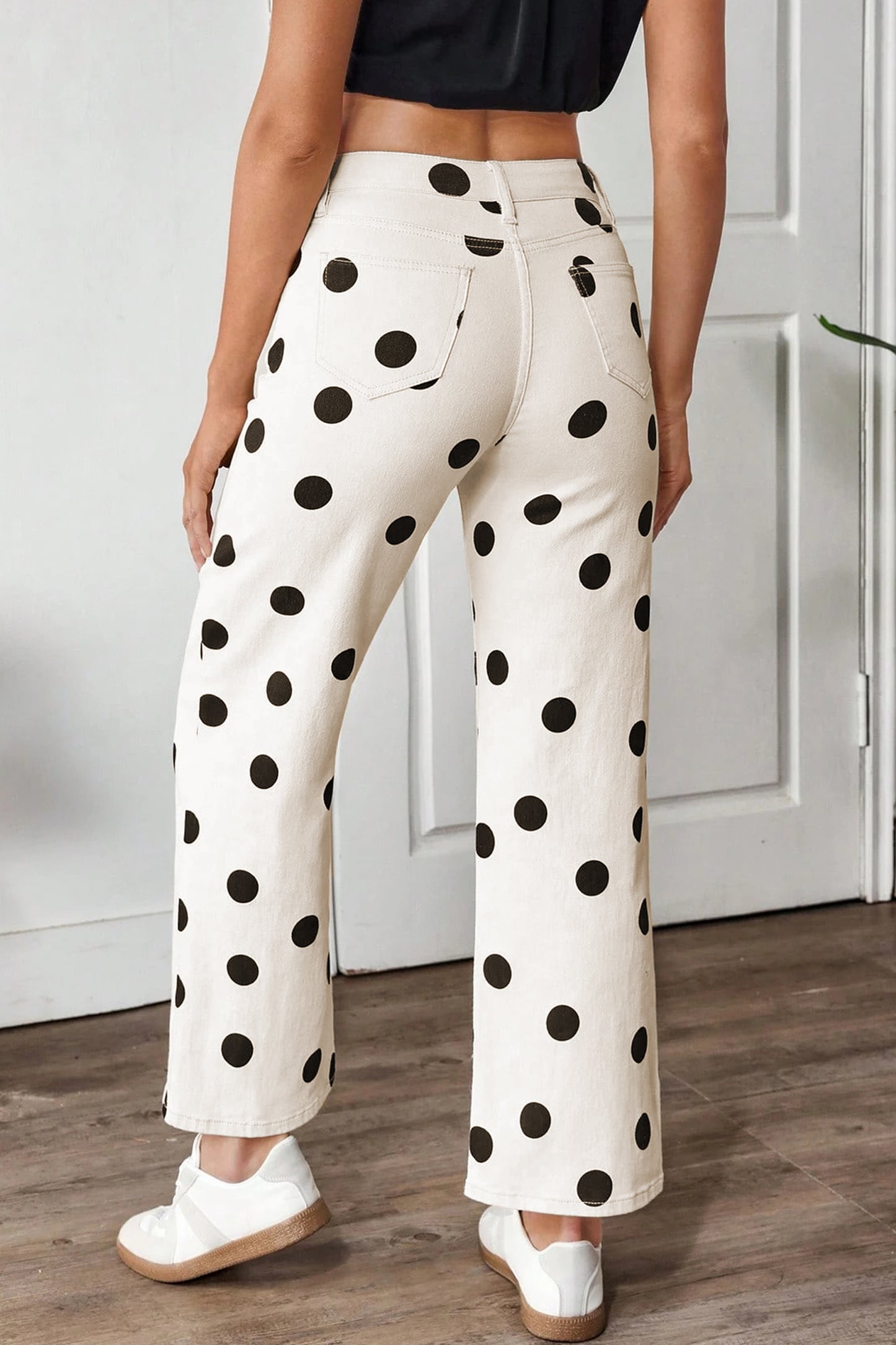 White Polka Dot Print Wide Leg Ankle-Length Jeans-Bottoms/Jeans-[Adult]-[Female]-2022 Online Blue Zone Planet