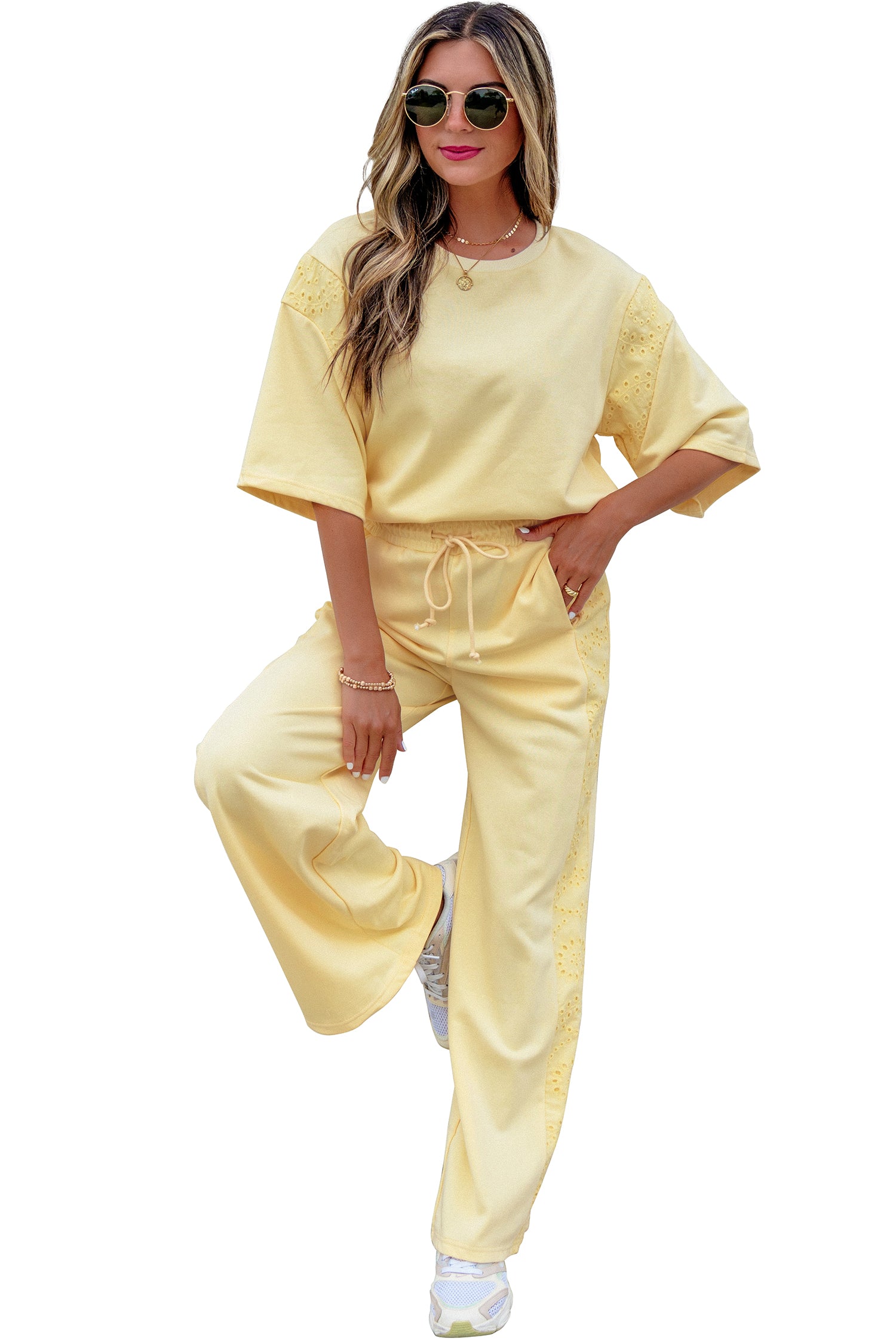 Light Green Lace Patchwork Half Sleeve Top Elastic Waist Pants Two Piece Set-Two Piece Sets/Pant Sets-[Adult]-[Female]-2022 Online Blue Zone Planet
