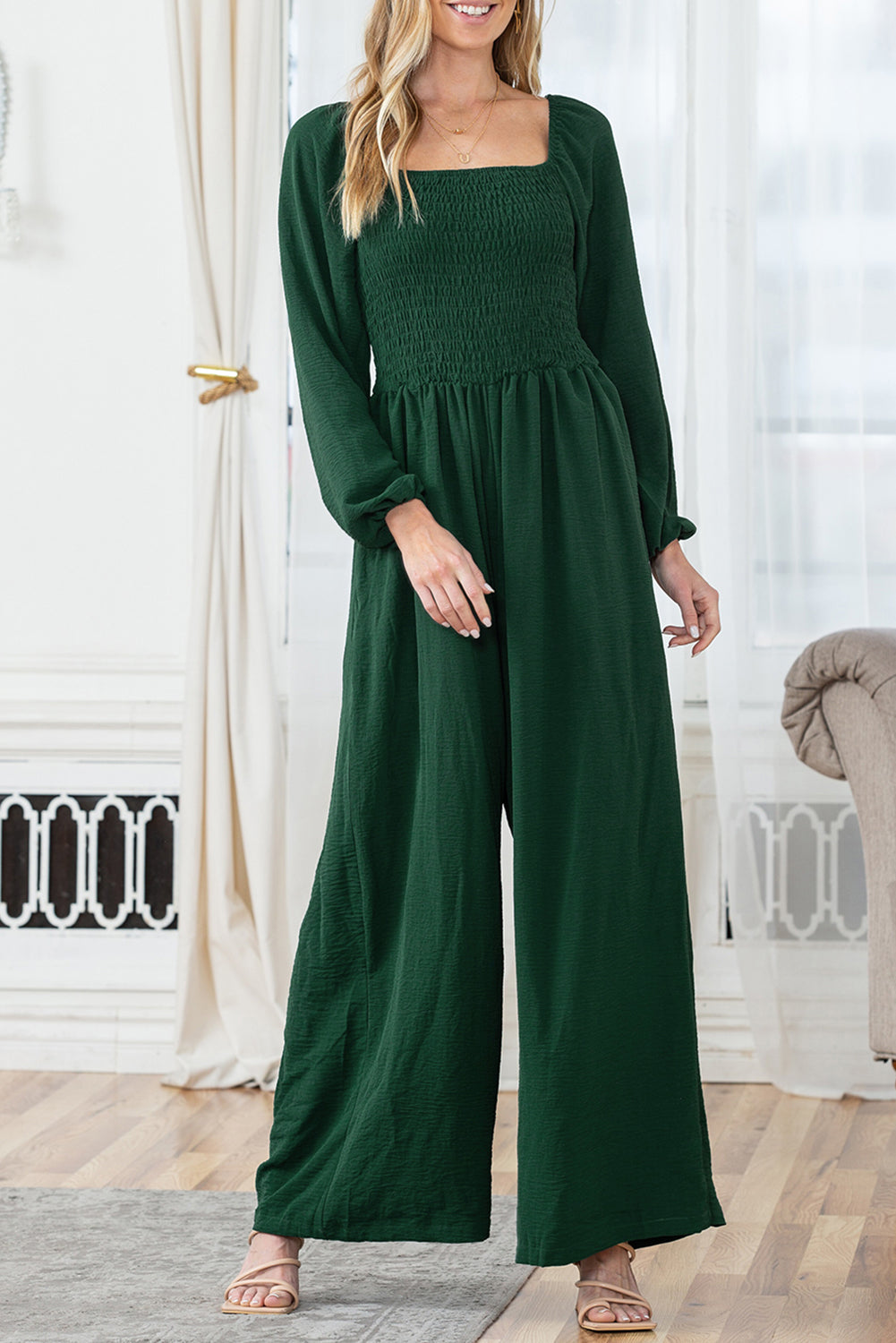 Green Smocked Square Neck Long Sleeve Wide Leg Jumpsuit-Jumpsuits-[Adult]-[Female]-Green-XS-2022 Online Blue Zone Planet