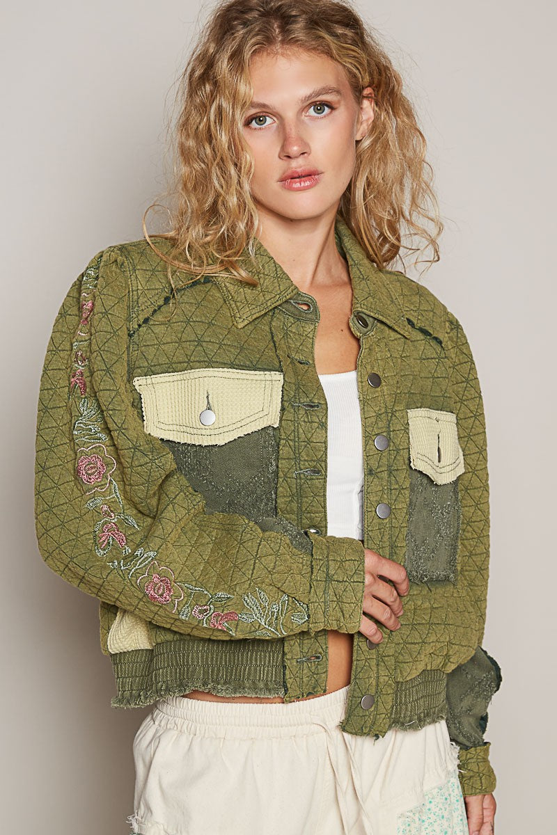 POL Embroidered Sleeve Raw Edge Quilted Jacket-TOPS / DRESSES-[Adult]-[Female]-Basil Multi-S-2022 Online Blue Zone Planet