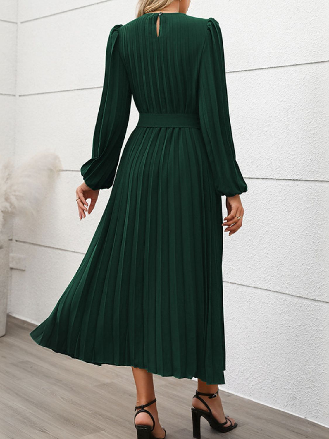 Perfee Pleated Round Neck Long Sleeve Midi Dress-TOPS / DRESSES-[Adult]-[Female]-2022 Online Blue Zone Planet