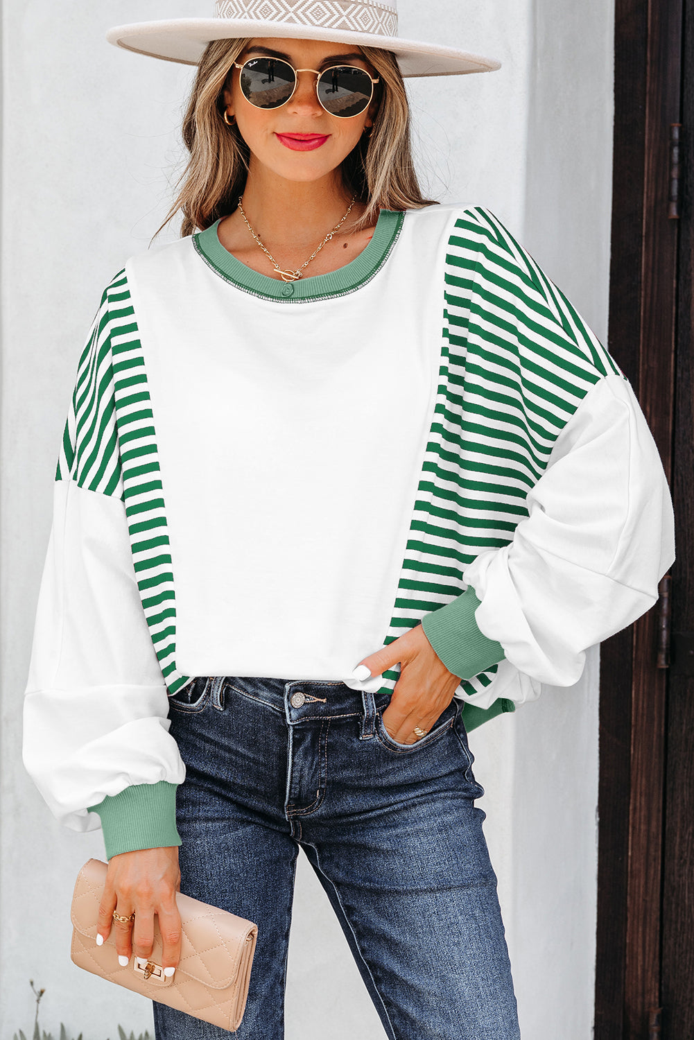 Green Stripe Colorblock Patchwork Contrast Stitching Oversize Sweatshirt-Tops/Sweatshirts & Hoodies-[Adult]-[Female]-Green Stripe-S-2022 Online Blue Zone Planet