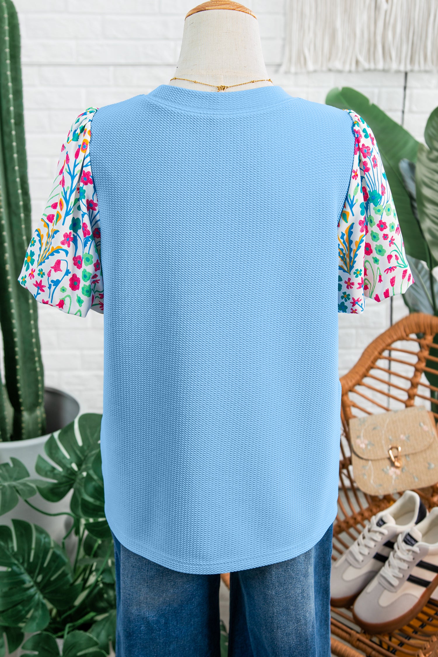 Light Blue Round Neck Textured Contrast Floral Bubble Sleeve Blouse-Tops/Blouses & Shirts-[Adult]-[Female]-2022 Online Blue Zone Planet