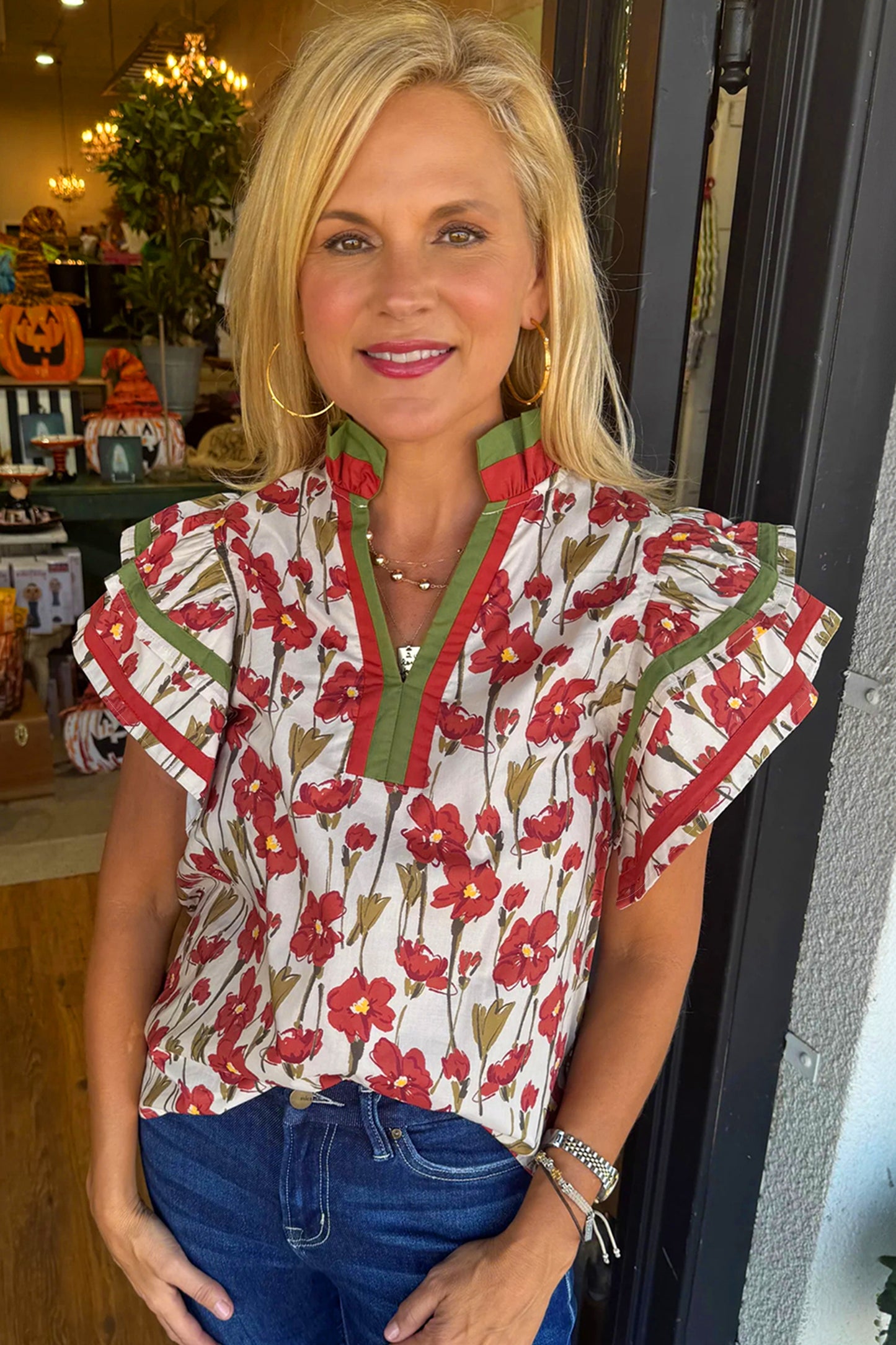 Red Floral Print Contrast Trim V Neck Double Ruffled Short Sleeve Blouse-Tops/Blouses & Shirts-[Adult]-[Female]-2022 Online Blue Zone Planet