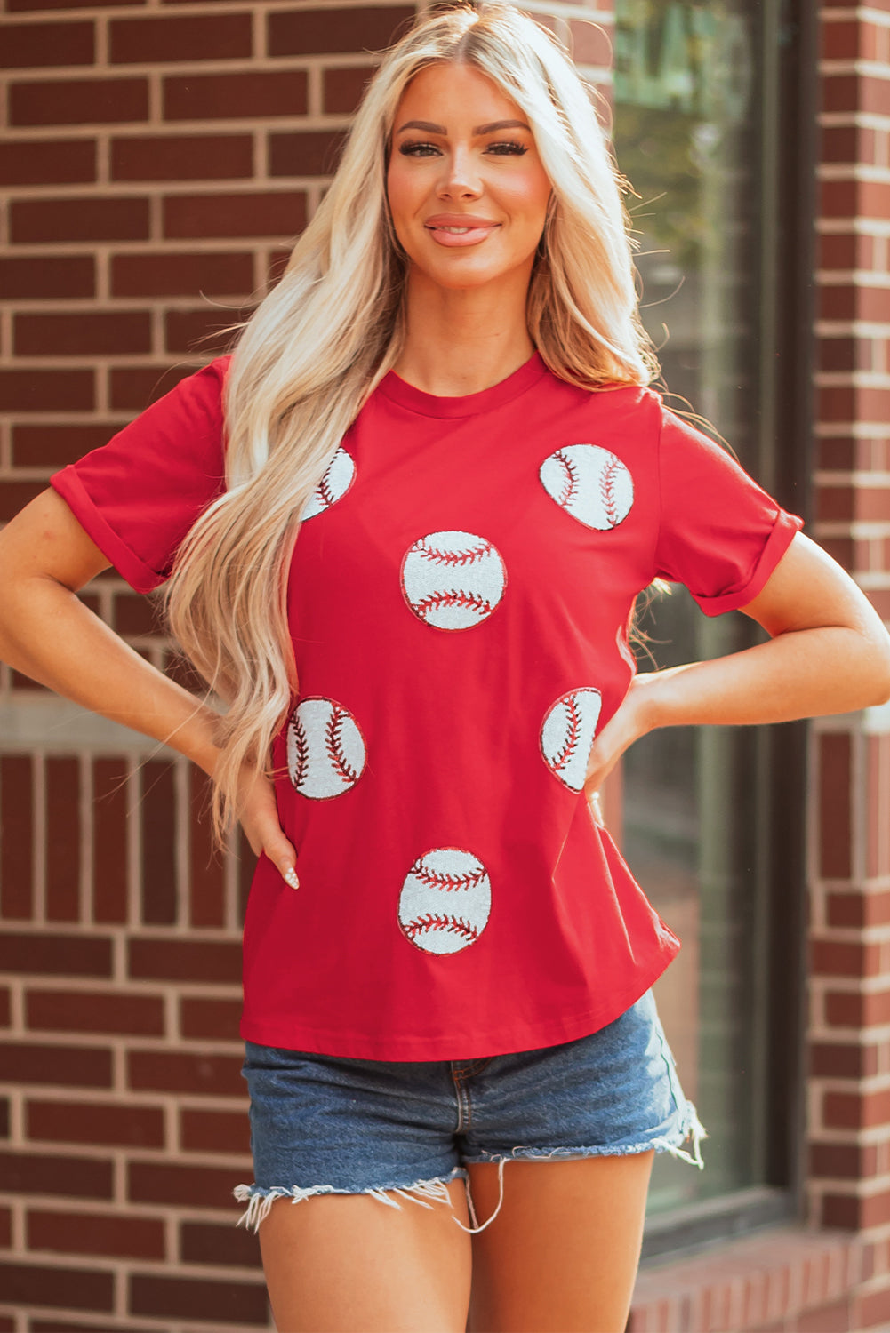 Red Glittering Rugby Pattern Crew Neck Game Day T Shirt-Graphic/Graphic Tees-[Adult]-[Female]-Red-2-S-2022 Online Blue Zone Planet