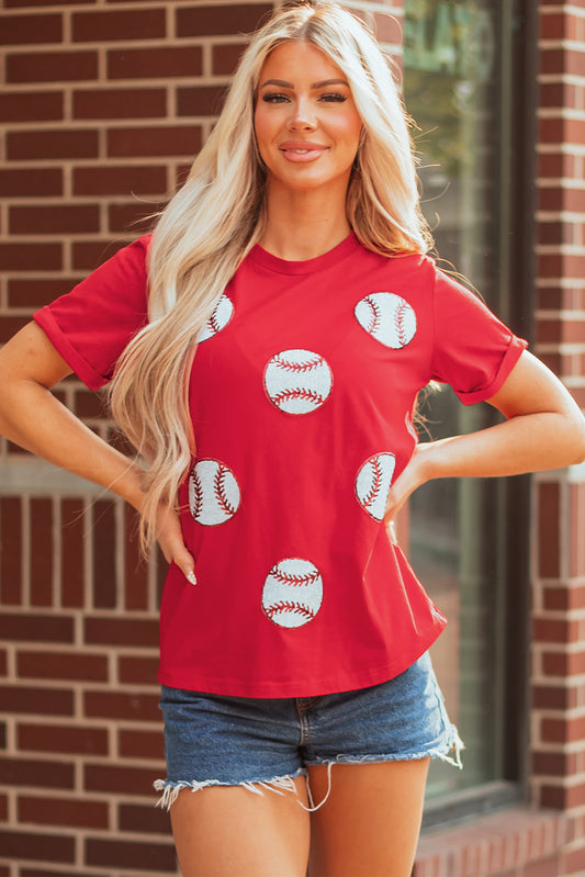 Red Glittering Rugby Pattern Crew Neck Game Day T Shirt-Graphic/Graphic Tees-[Adult]-[Female]-Red-2-S-2022 Online Blue Zone Planet