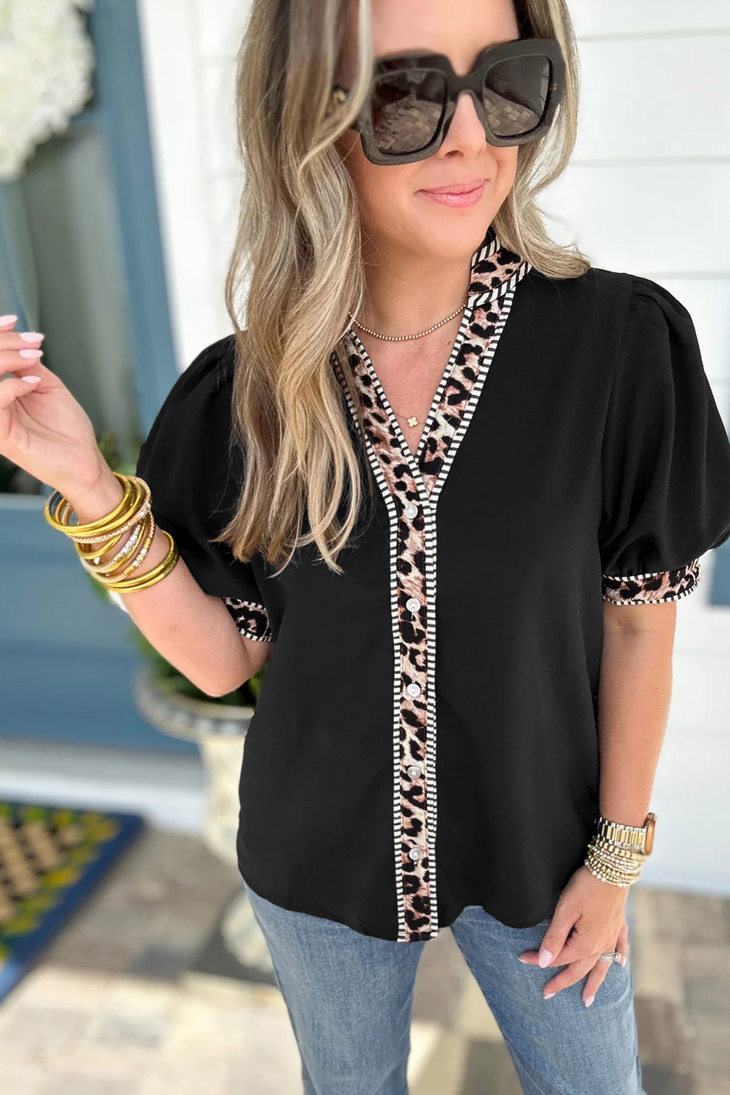 Black V Neck Short Puff Sleeve Contrast Striped Leopard Trim Button Down Shirt-Tops/Blouses & Shirts-[Adult]-[Female]-2022 Online Blue Zone Planet