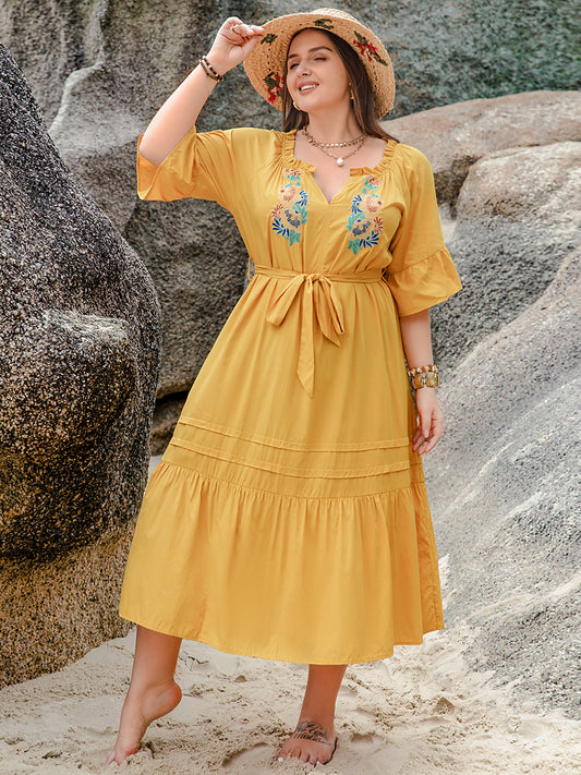 Blue Zone Planet | Plus Size Notched Tie Waist Half Sleeve Midi Dress-TOPS / DRESSES-[Adult]-[Female]-Gold-0XL-2022 Online Blue Zone Planet