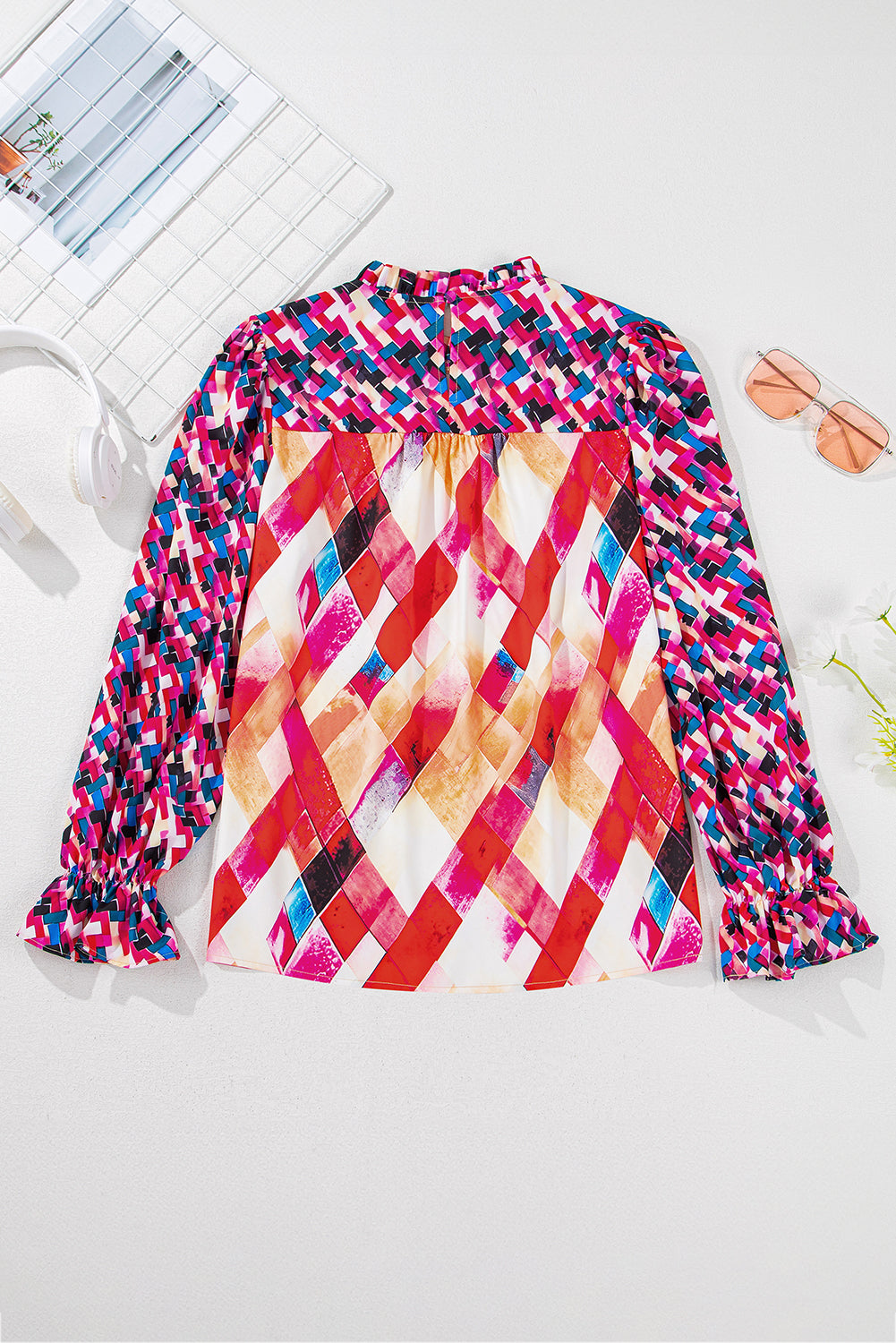 Rose Red Abstract Geometric Pattern Patchwork Puff Sleeve Blouse-Tops/Blouses & Shirts-[Adult]-[Female]-2022 Online Blue Zone Planet