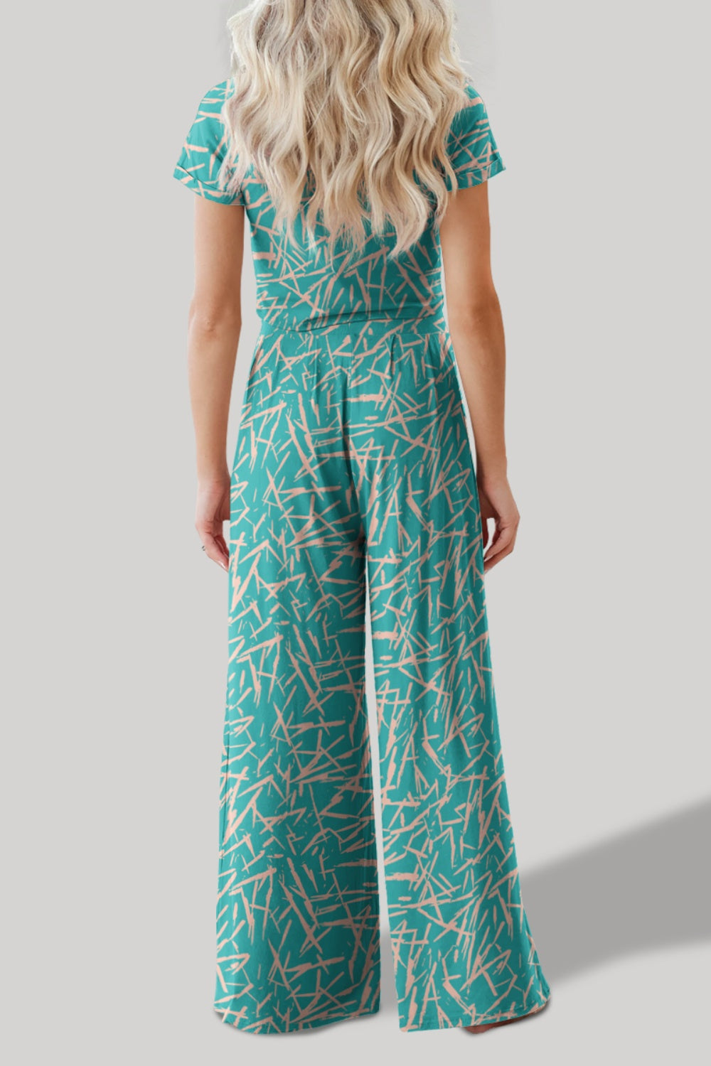 FAM-FAM Printed Round Neck Short Sleeve Top and Pants Set-TOPS / DRESSES-[Adult]-[Female]-2022 Online Blue Zone Planet