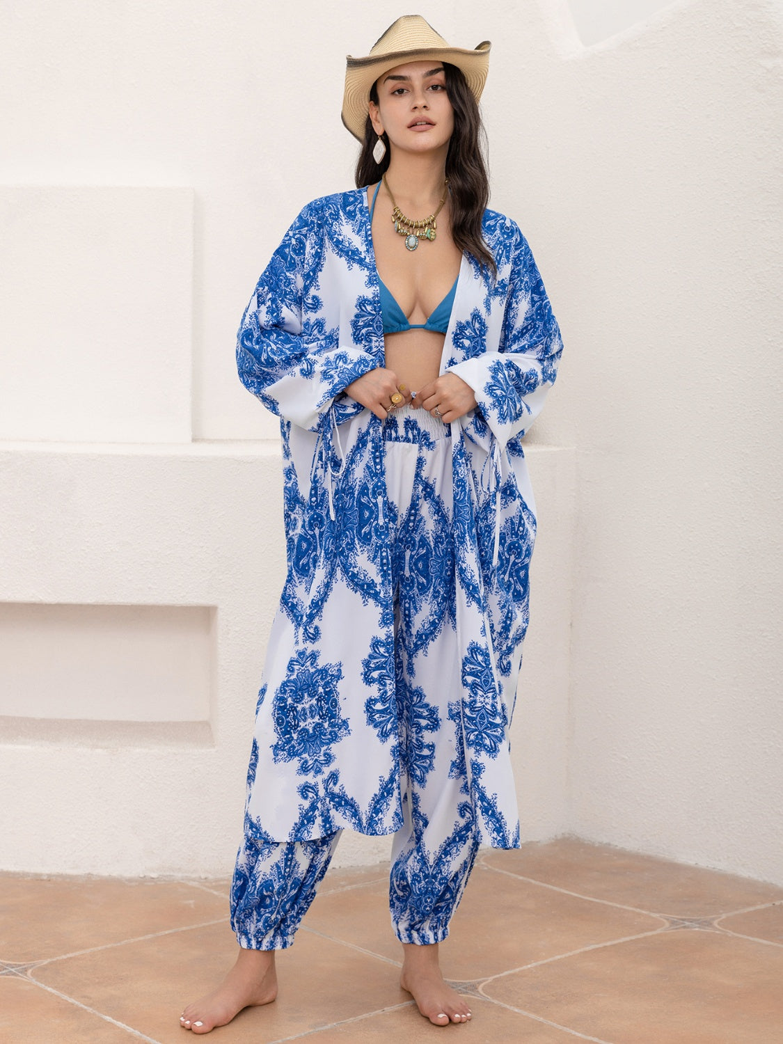 Printed Open Front Top and Pants Set-TOPS / DRESSES-[Adult]-[Female]-2022 Online Blue Zone Planet