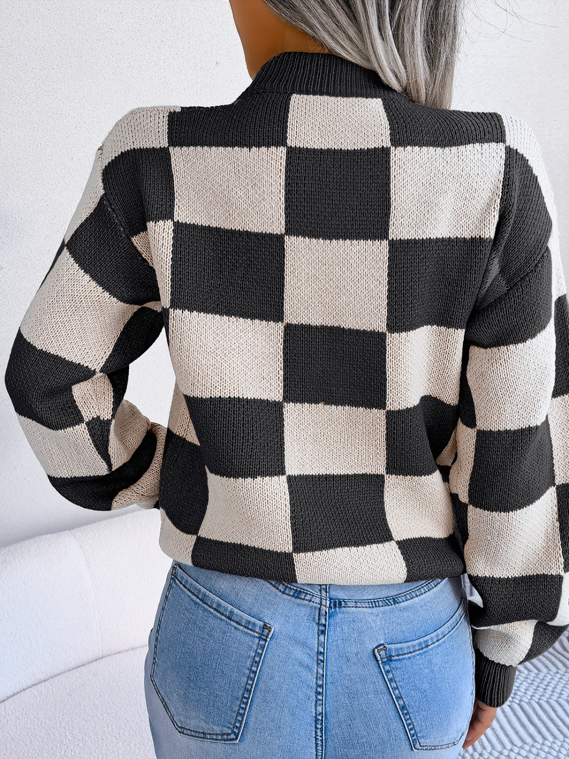 Checkered Mock Neck Long Sleeve Sweater-TOPS / DRESSES-[Adult]-[Female]-2022 Online Blue Zone Planet