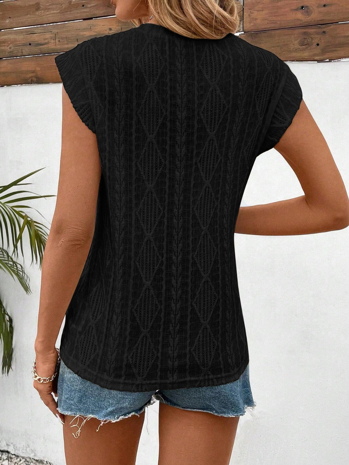 Openwork Round Neck Cap Sleeve Top-TOPS / DRESSES-[Adult]-[Female]-2022 Online Blue Zone Planet