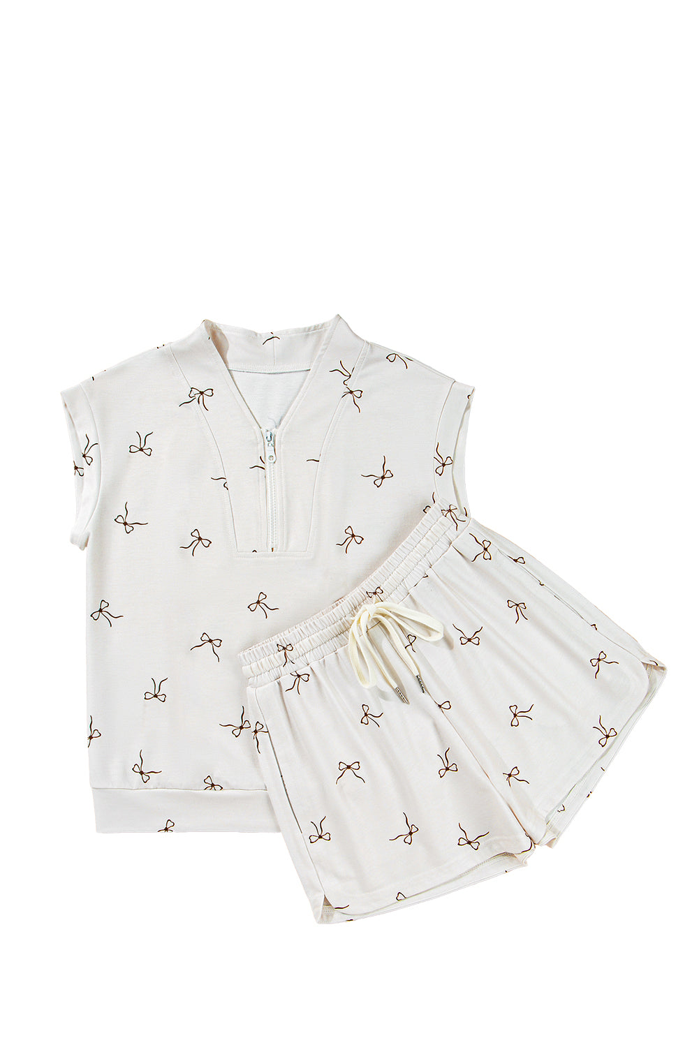 Beige Bow Print Half Zip Tank and Shorts 2pcs Set-Two Piece Sets/Short Sets-[Adult]-[Female]-2022 Online Blue Zone Planet