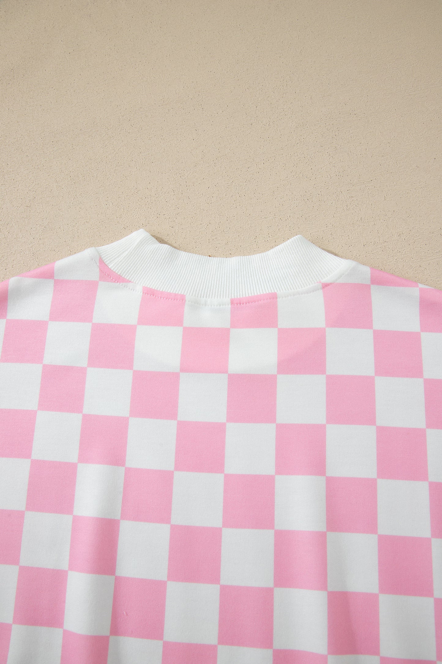 Pink Checkered Print Color Block Trim Mock Neck Short Set-Two Piece Sets/Short Sets-[Adult]-[Female]-2022 Online Blue Zone Planet