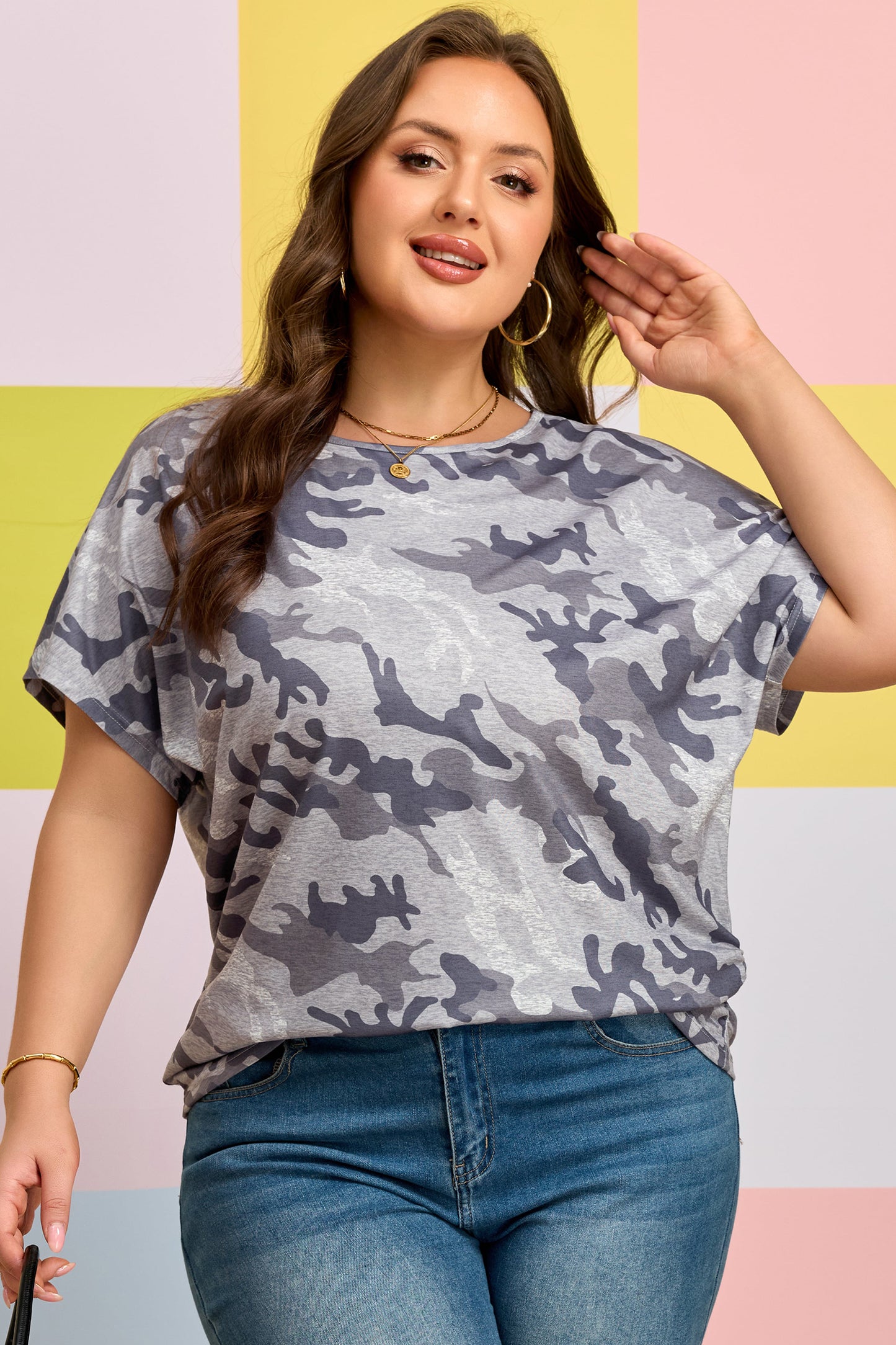 Gray Plus Size Camo Print Casual T Shirt-Plus Size/Plus Size Tops/Plus Size Tops & Tees-[Adult]-[Female]-2022 Online Blue Zone Planet