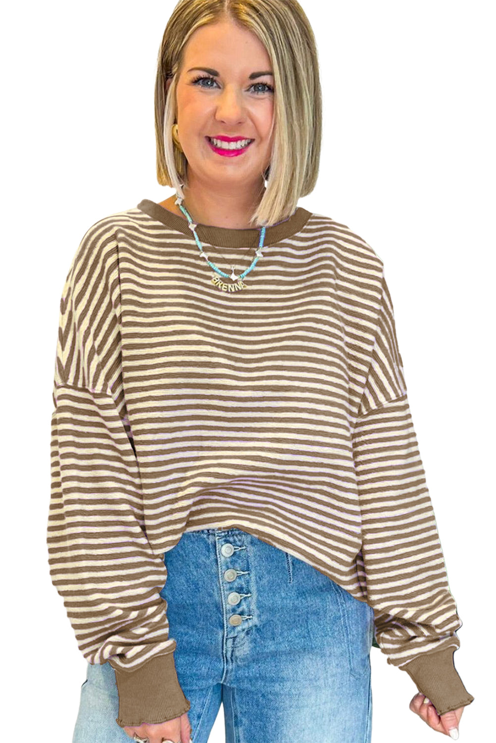 Blue Zone Planet | Green Stripe Drop Shoulder Long Sleeve Top-Long Sleeve Tops-[Adult]-[Female]-2022 Online Blue Zone Planet