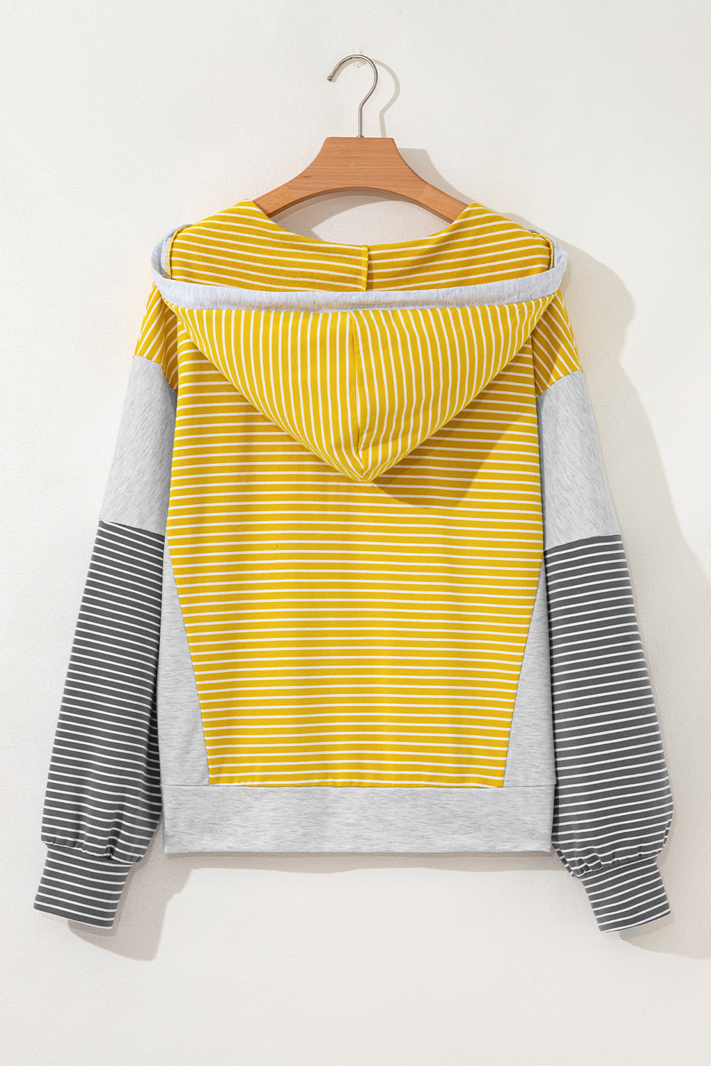 Yellow Stripe Color Block Drawstring V Neck Loose Fit Hooded Top-Tops/Sweatshirts & Hoodies-[Adult]-[Female]-2022 Online Blue Zone Planet