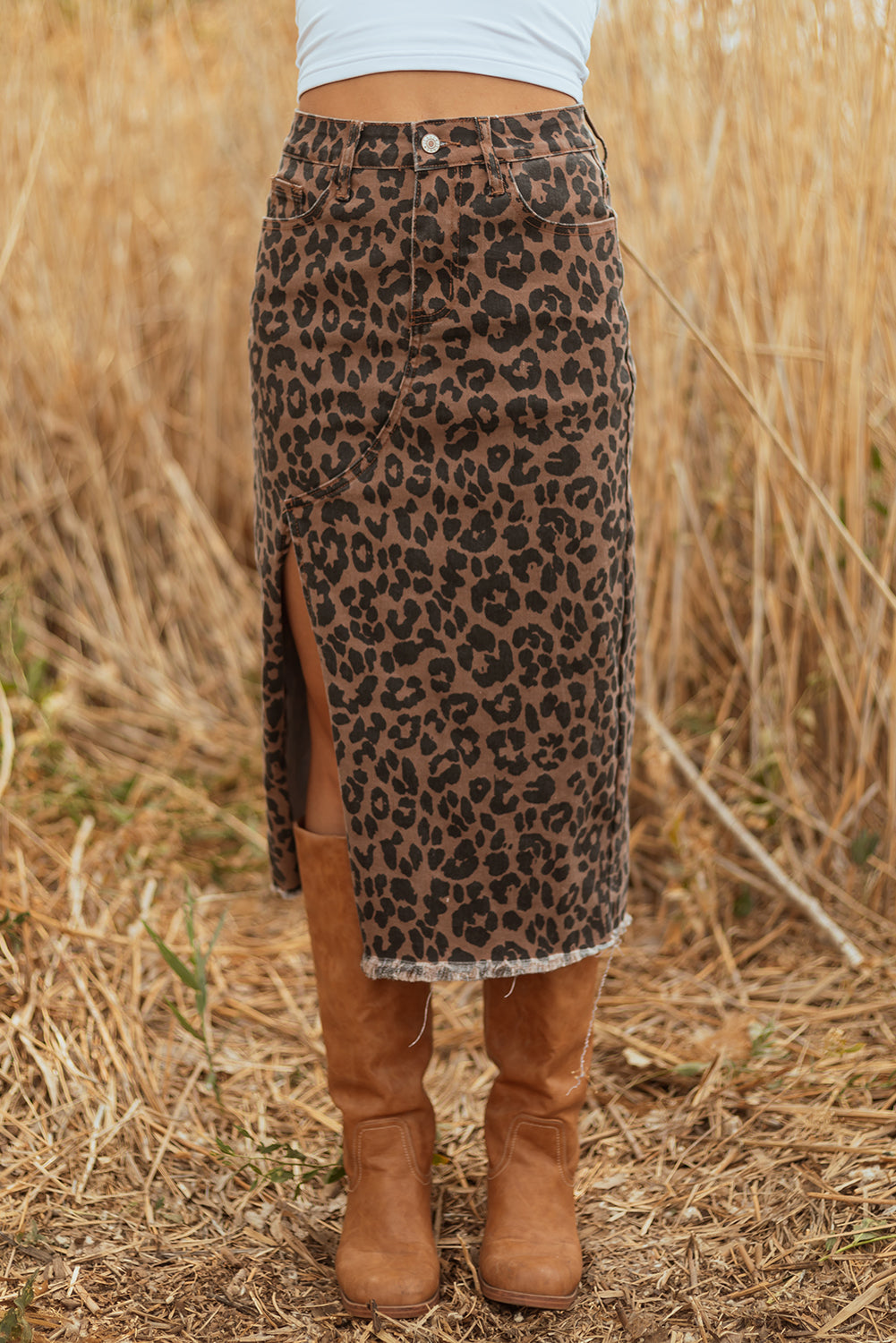 Brown Leopard Denim Frayed Split Denim Midi Skirt-Bottoms/Skirts & Petticoat-[Adult]-[Female]-2022 Online Blue Zone Planet