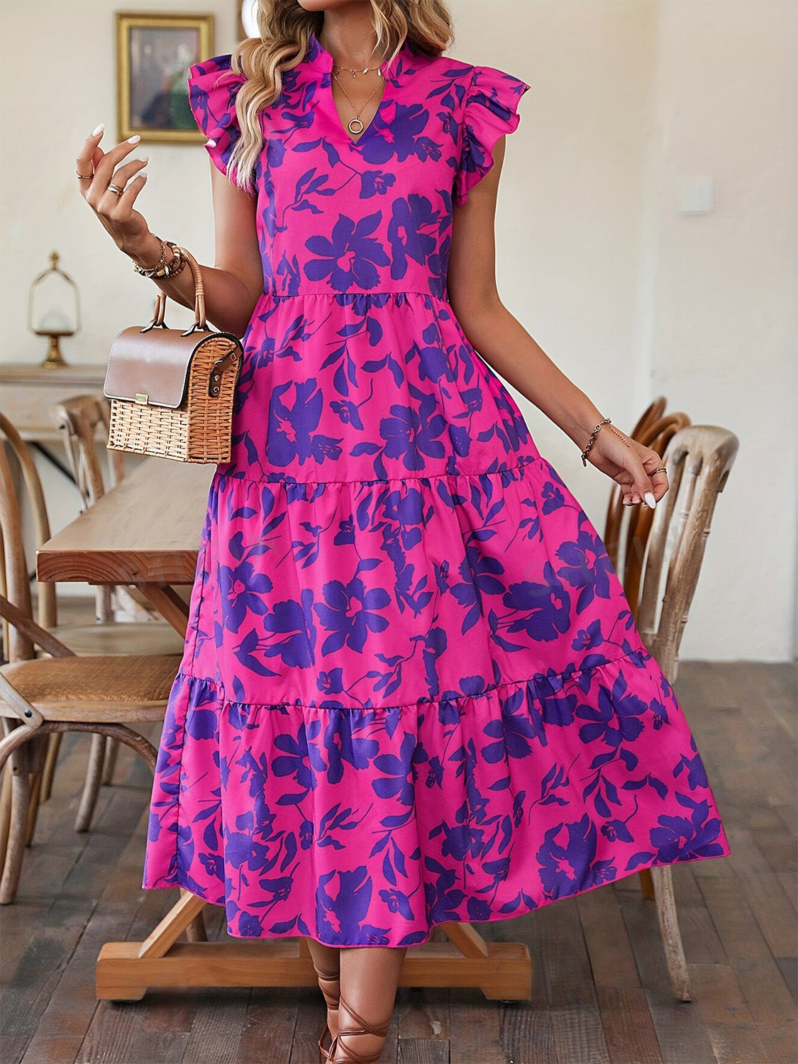 Ruffled Printed Cap Sleeve Midi Dress-TOPS / DRESSES-[Adult]-[Female]-2022 Online Blue Zone Planet