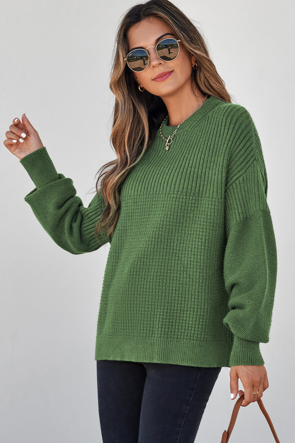 Vineyard Green Solid Color Mixed Textured Knitted Crew Neck Sweater-Sweaters & Cardigans/Sweaters-[Adult]-[Female]-2022 Online Blue Zone Planet