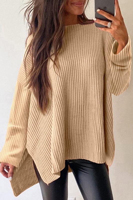 Blue Zone Planet | Side Slit Round Neck Long Sleeve Sweater-TOPS / DRESSES-[Adult]-[Female]-Tan-S-2022 Online Blue Zone Planet