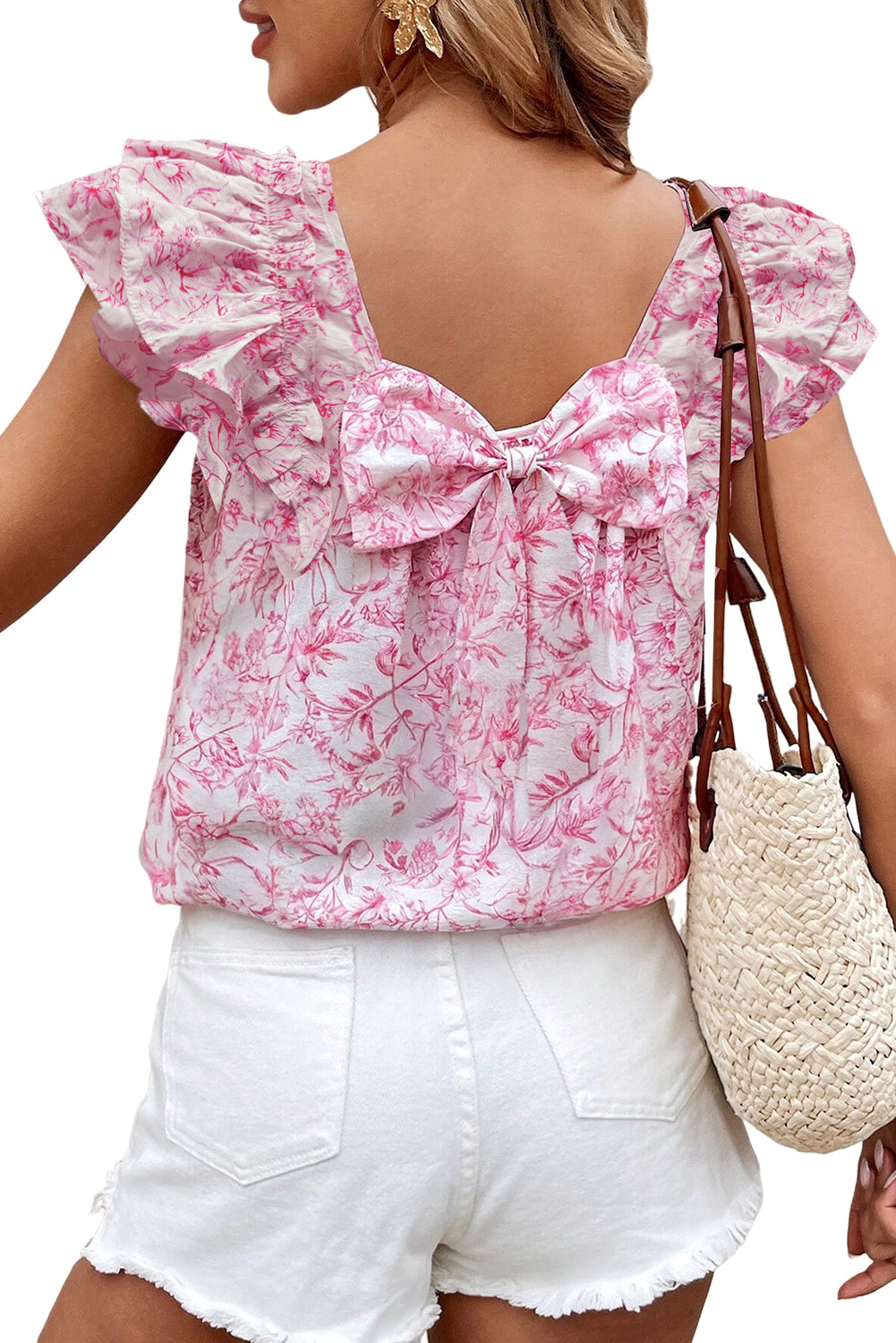 Pink Floral Ruffled Short Sleeve Bow Back Square Neck Blouse-Tops/Blouses & Shirts-[Adult]-[Female]-2022 Online Blue Zone Planet
