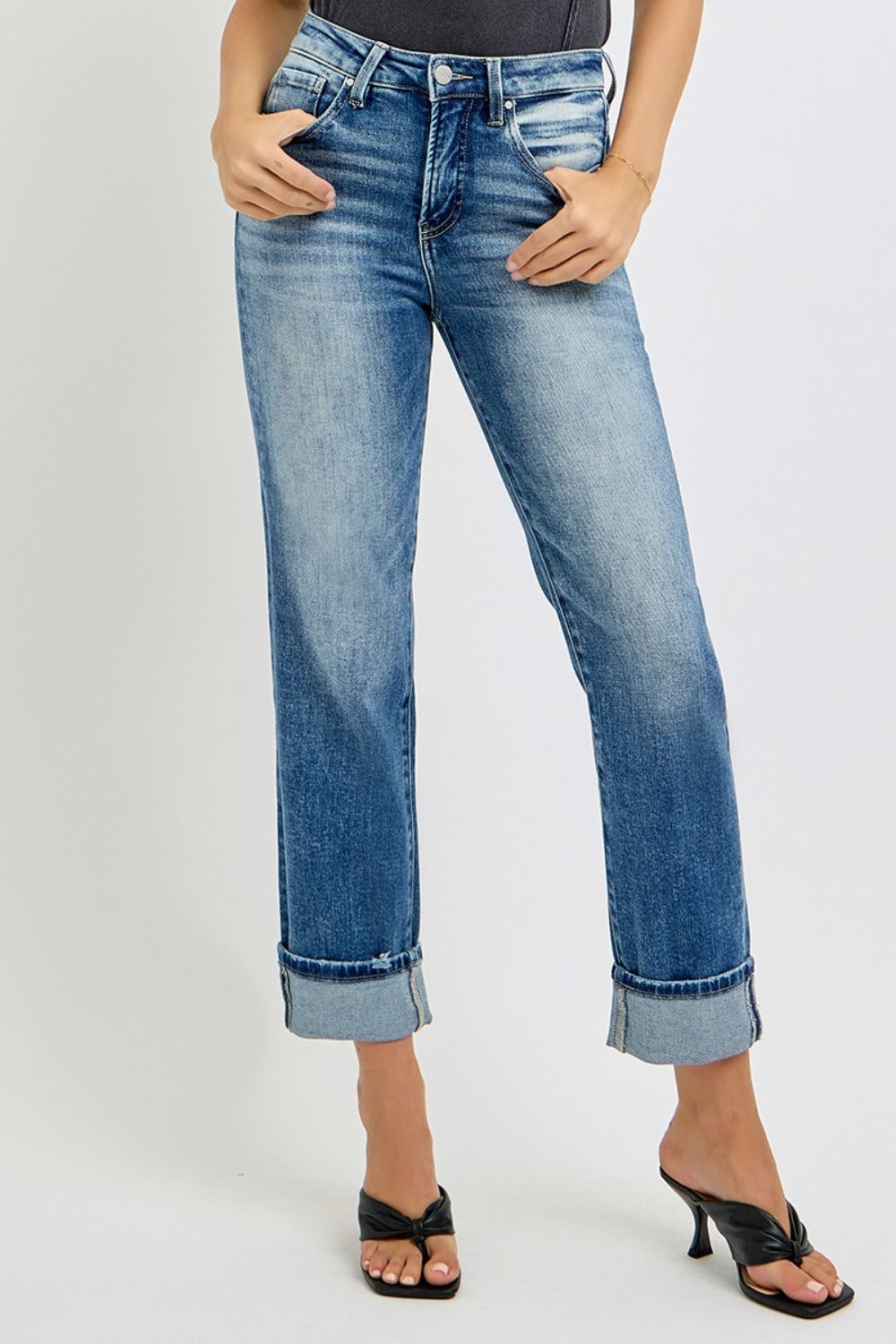 RISEN Full Size High Rise Crop Straight Roll Up Jeans-BOTTOM SIZES SMALL MEDIUM LARGE-[Adult]-[Female]-Medium-0(24)-2022 Online Blue Zone Planet