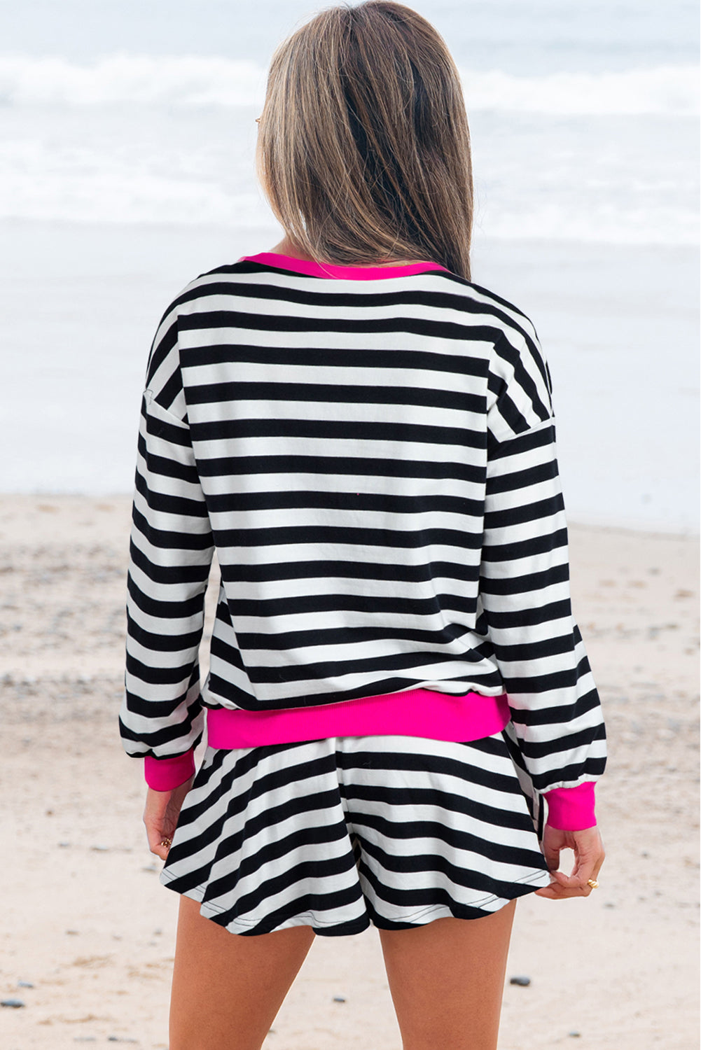 Black Stripe Contrast Ribbed Banding Long Sleeve Blouse Loose Shorts Set-Two Piece Sets/Short Sets-[Adult]-[Female]-2022 Online Blue Zone Planet