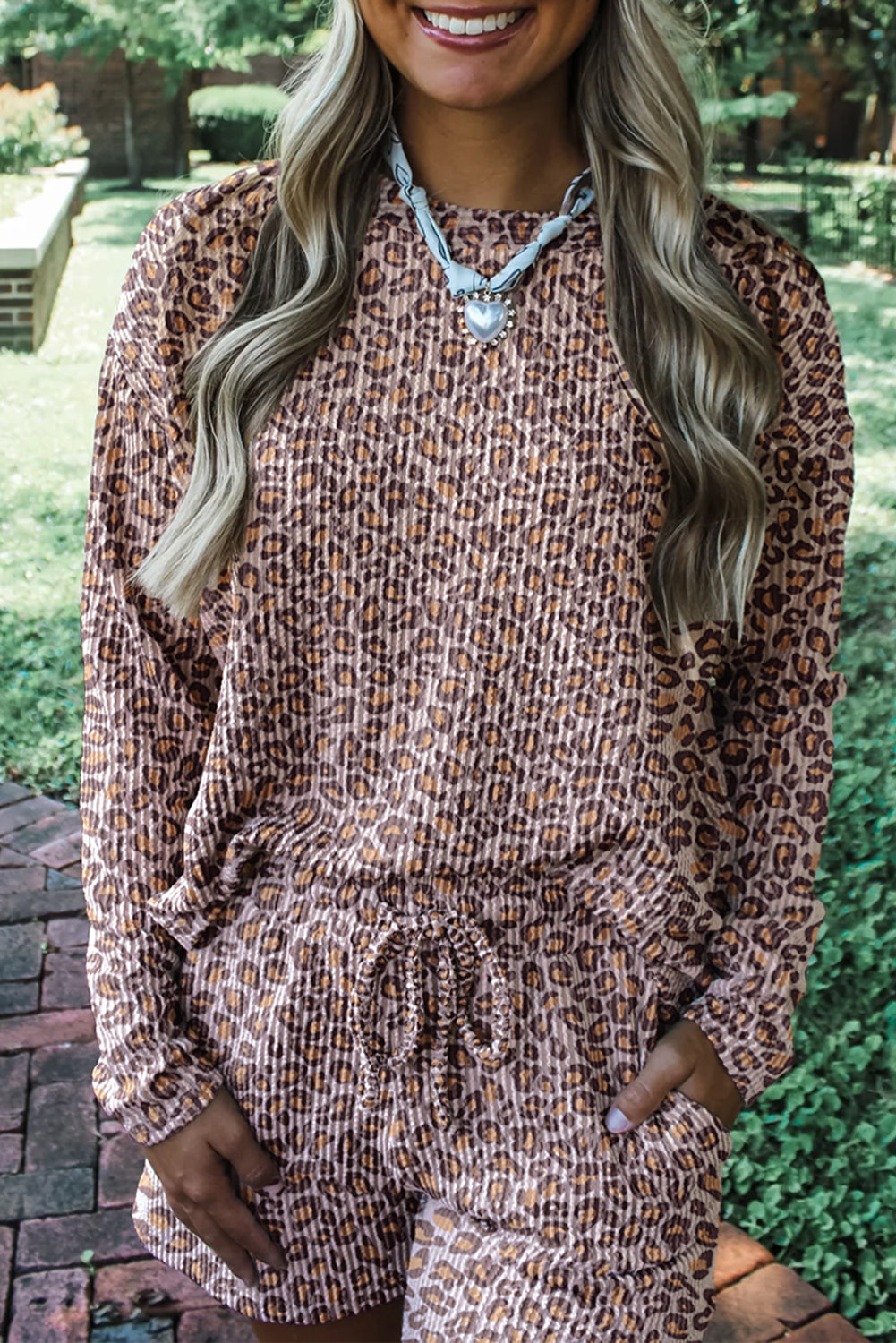 Khaki Leopard Ribbed Long Sleeve Top Drawstring Shorts 2pcs Outfit-Two Piece Sets/Short Sets-[Adult]-[Female]-2022 Online Blue Zone Planet