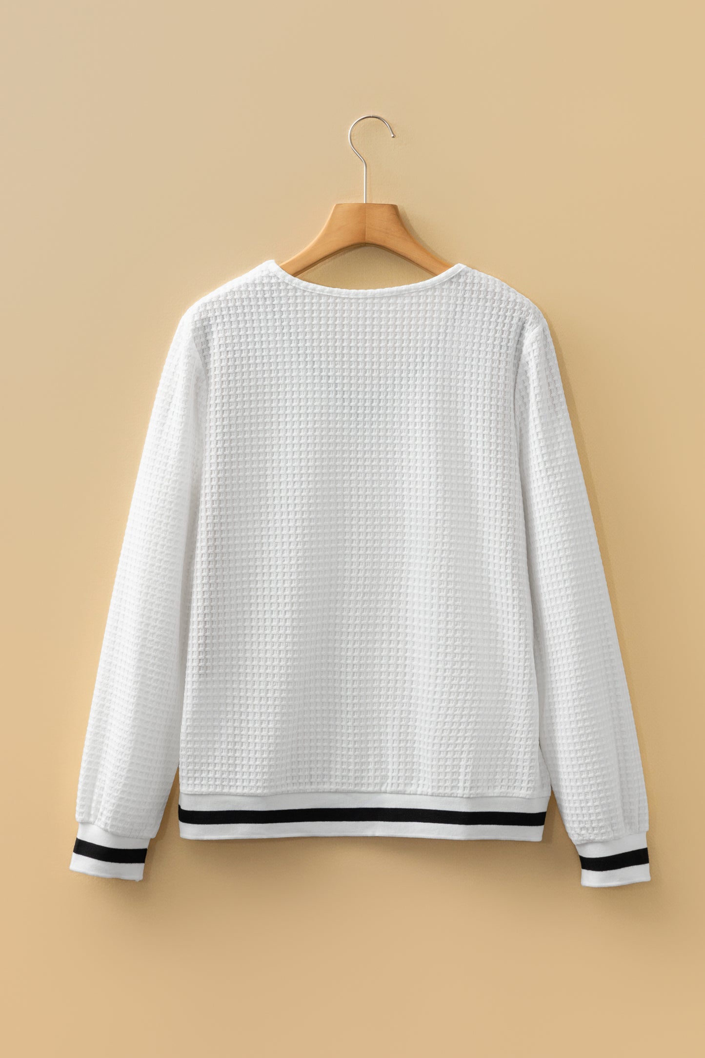White Textured Knit Preppy Striped Trim V Neck Pullover Waffle Top-Tops/Long Sleeve Tops-[Adult]-[Female]-2022 Online Blue Zone Planet