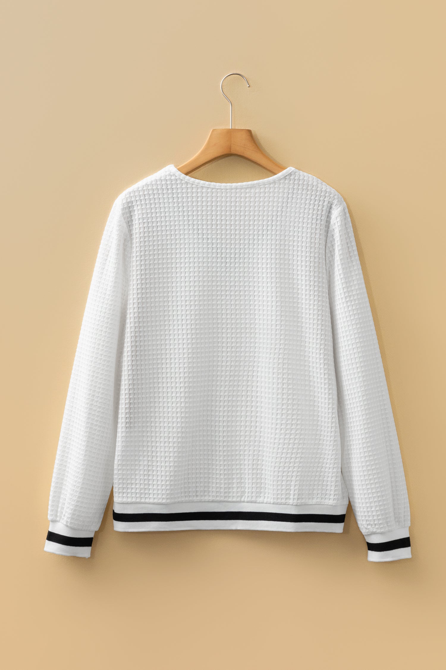 White Textured Knit Preppy Striped Trim V Neck Pullover Waffle Top-Tops/Long Sleeve Tops-[Adult]-[Female]-2022 Online Blue Zone Planet