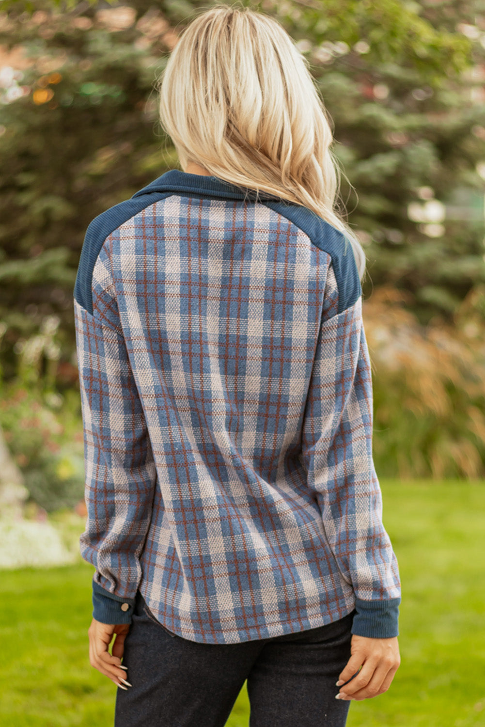 Gray Plaid Corduroy Patchwork Collared Zip Up Snap Button Jacket-Outerwear/Plaid Shackets-[Adult]-[Female]-2022 Online Blue Zone Planet