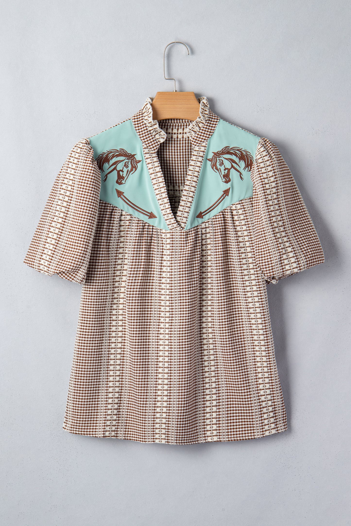 Brown Western Pony Embroidered Yoke Puff Sleeve Gingham Blouse-Tops/Blouses & Shirts-[Adult]-[Female]-2022 Online Blue Zone Planet